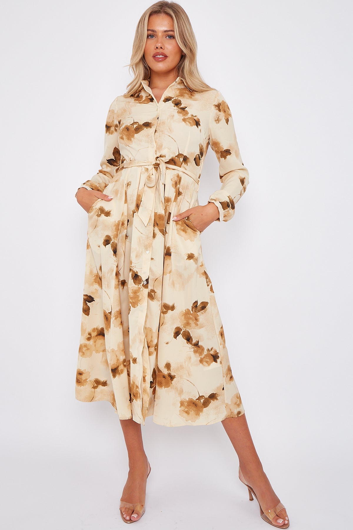 Beige Floral Print Midaxi Shirt Dress