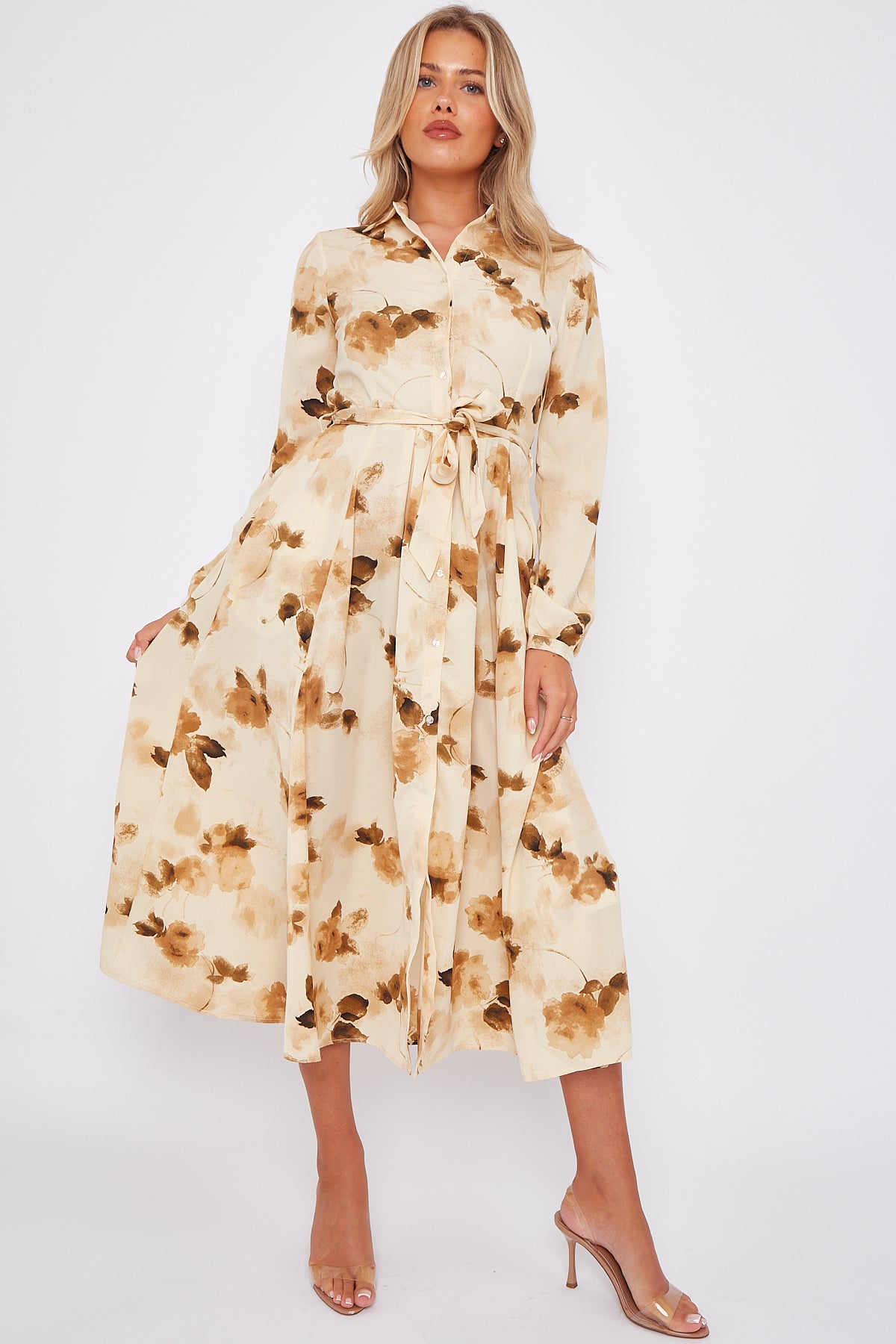 Beige Floral Print Midaxi Shirt Dress