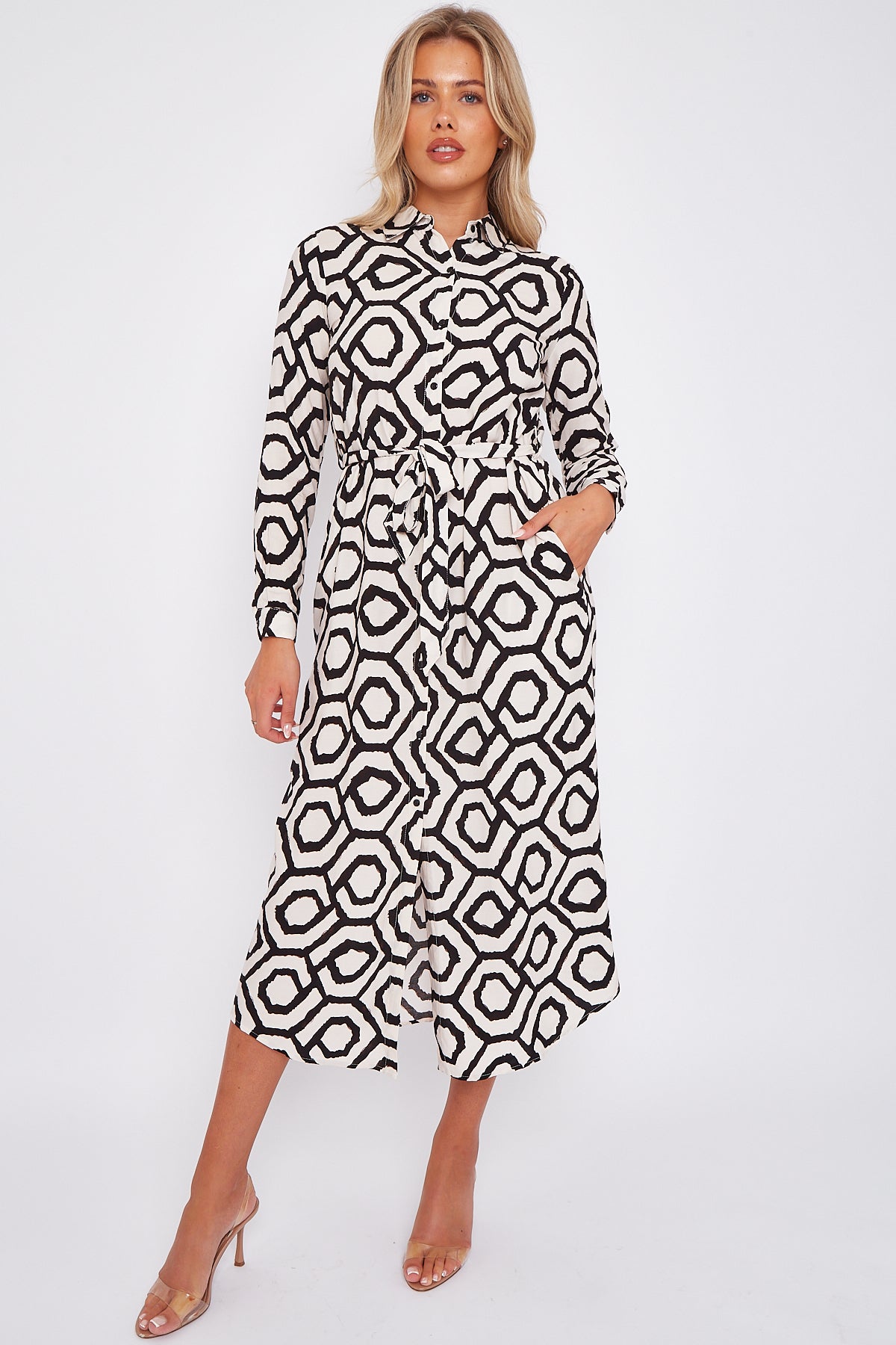 Mono Geometric Print Maxi Shirt Dress