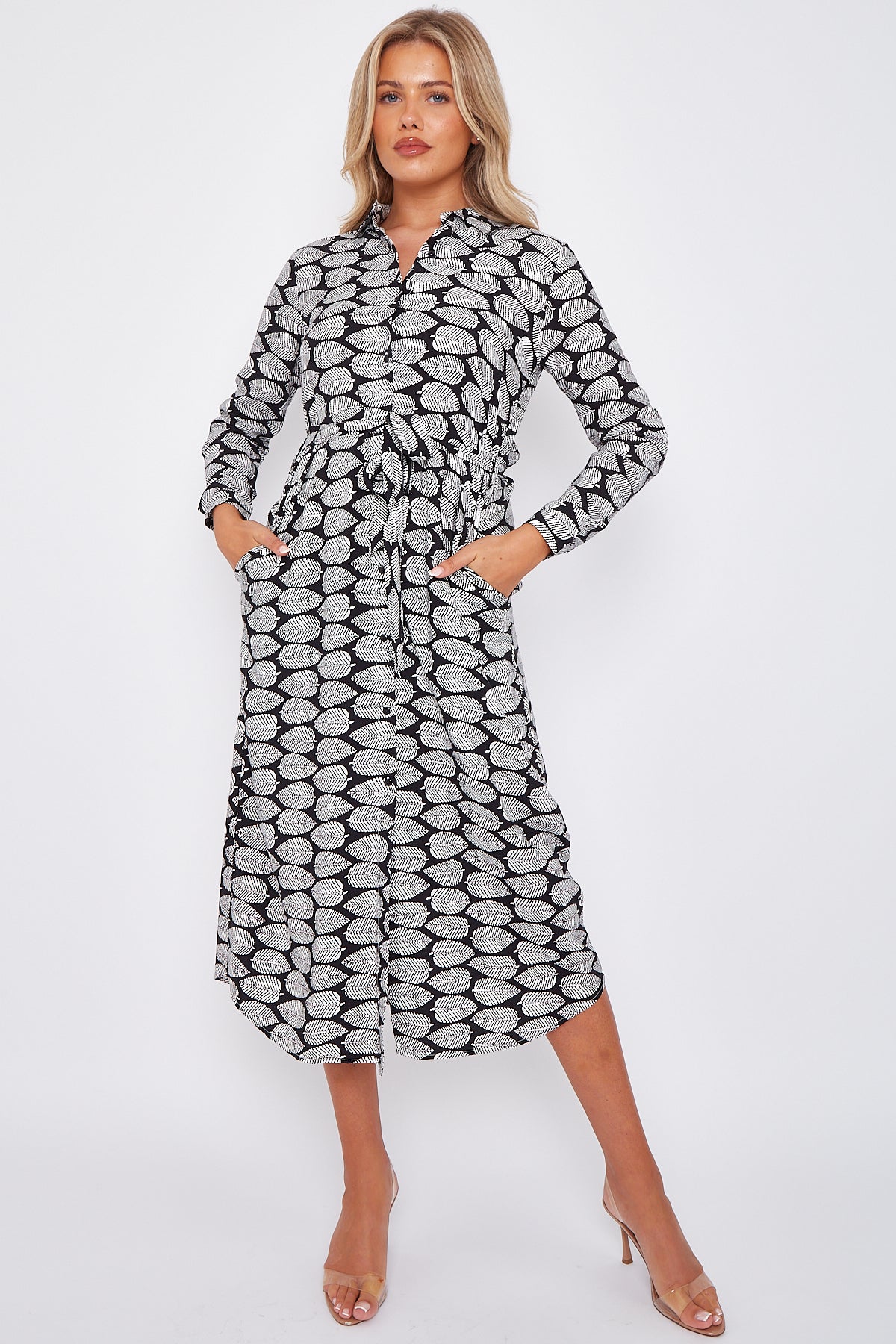 Mono Leaf Print Maxi Shirt Dress