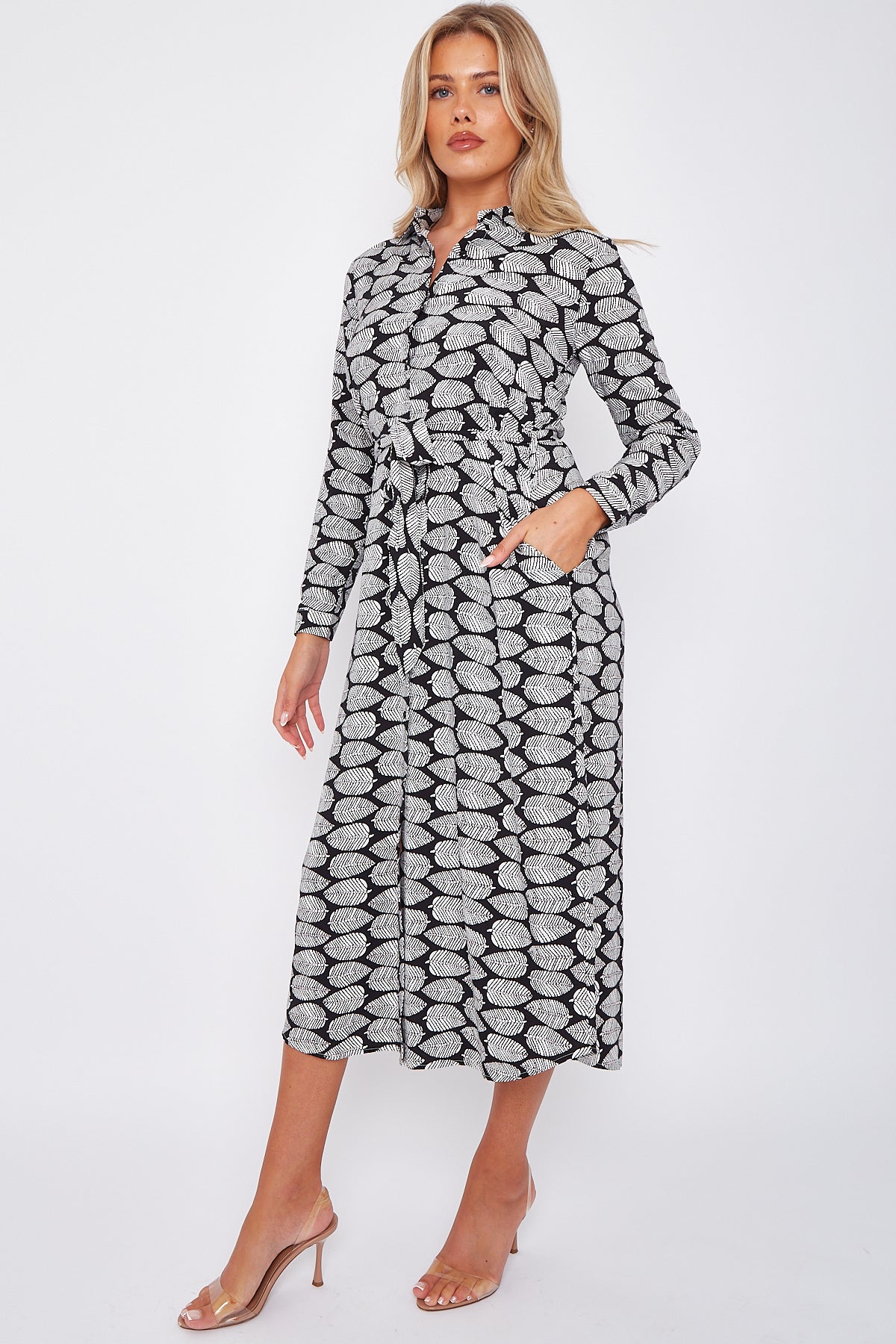 Mono Leaf Print Maxi Shirt Dress