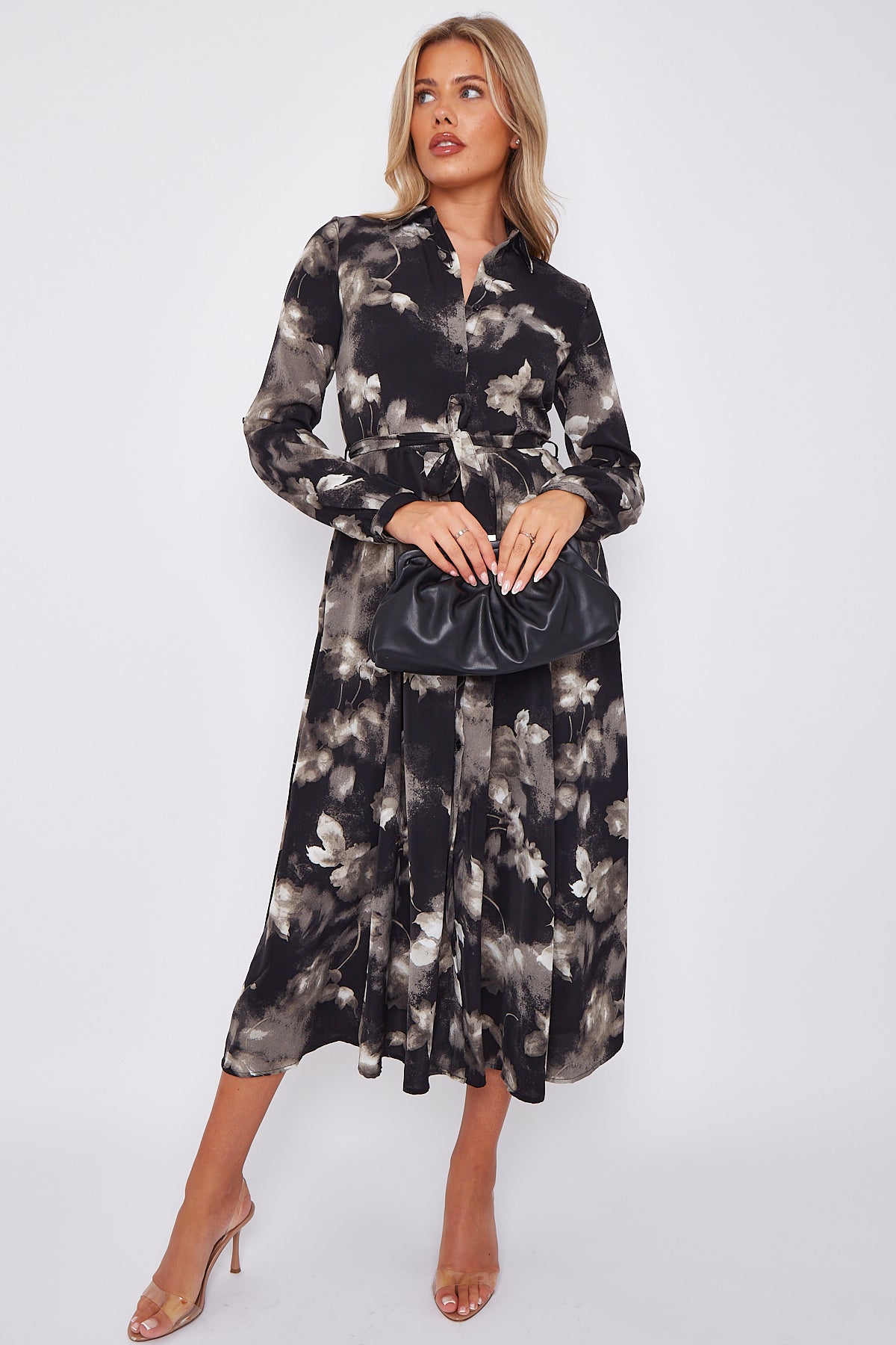 Black Grey Floral Print Midaxi Shirt Dress