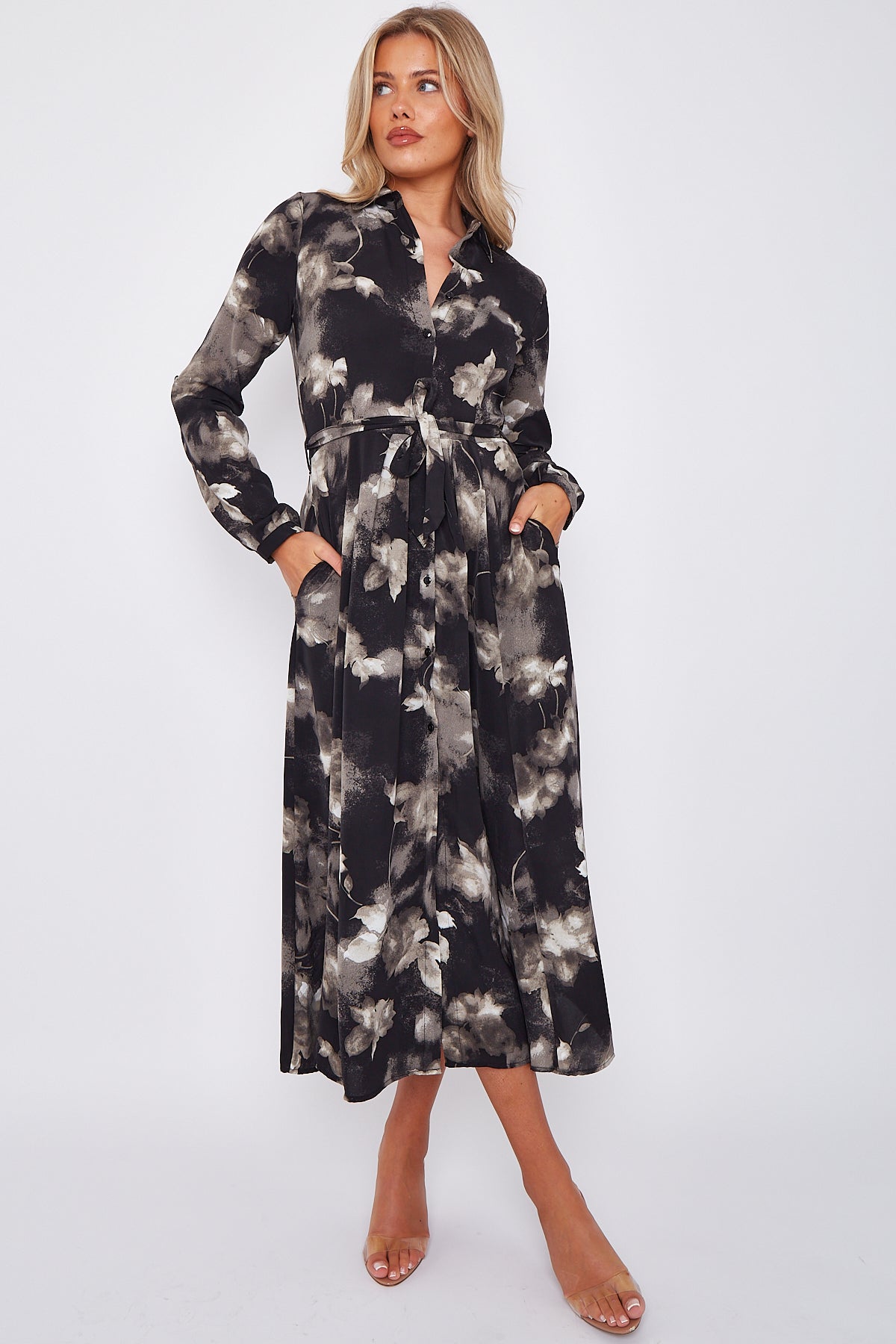 Black Grey Floral Print Midaxi Shirt Dress