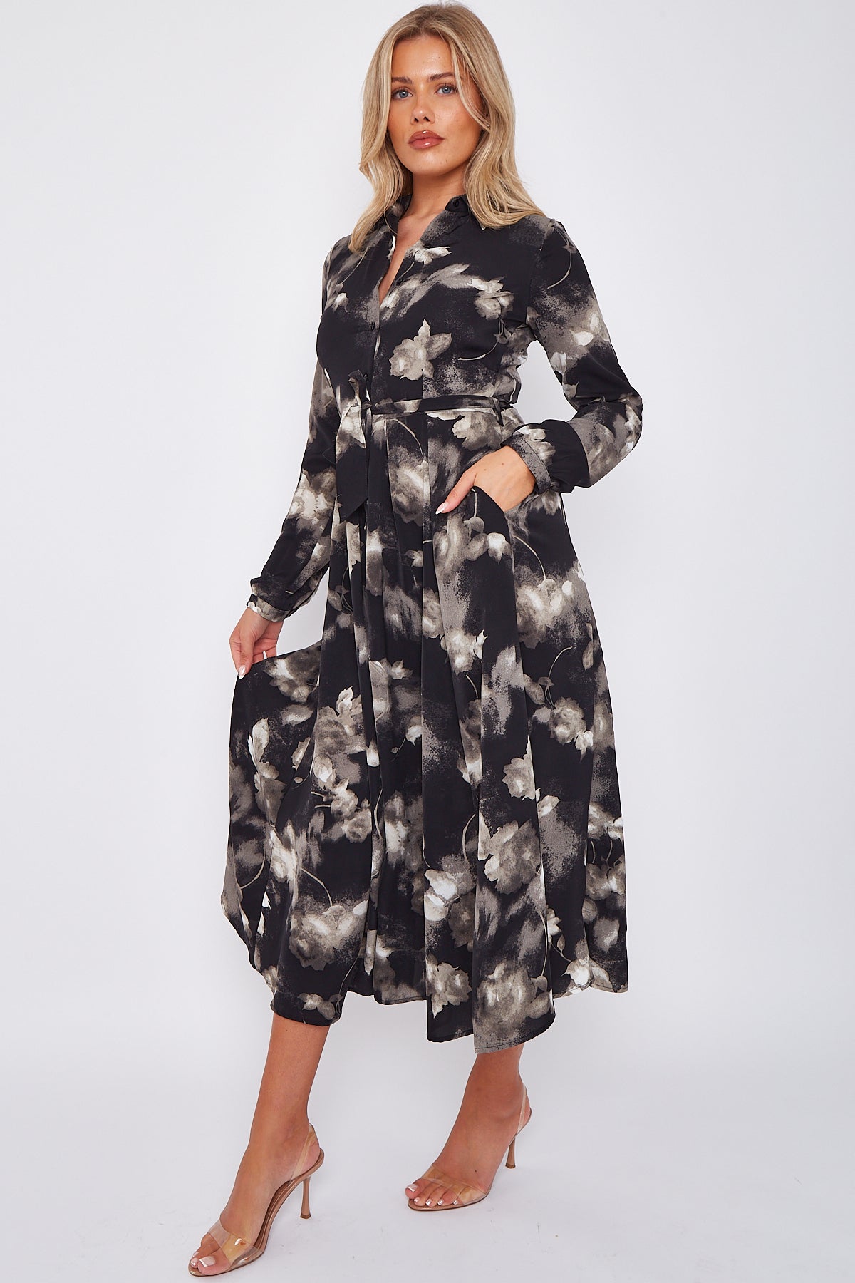 Black Grey Floral Print Midaxi Shirt Dress