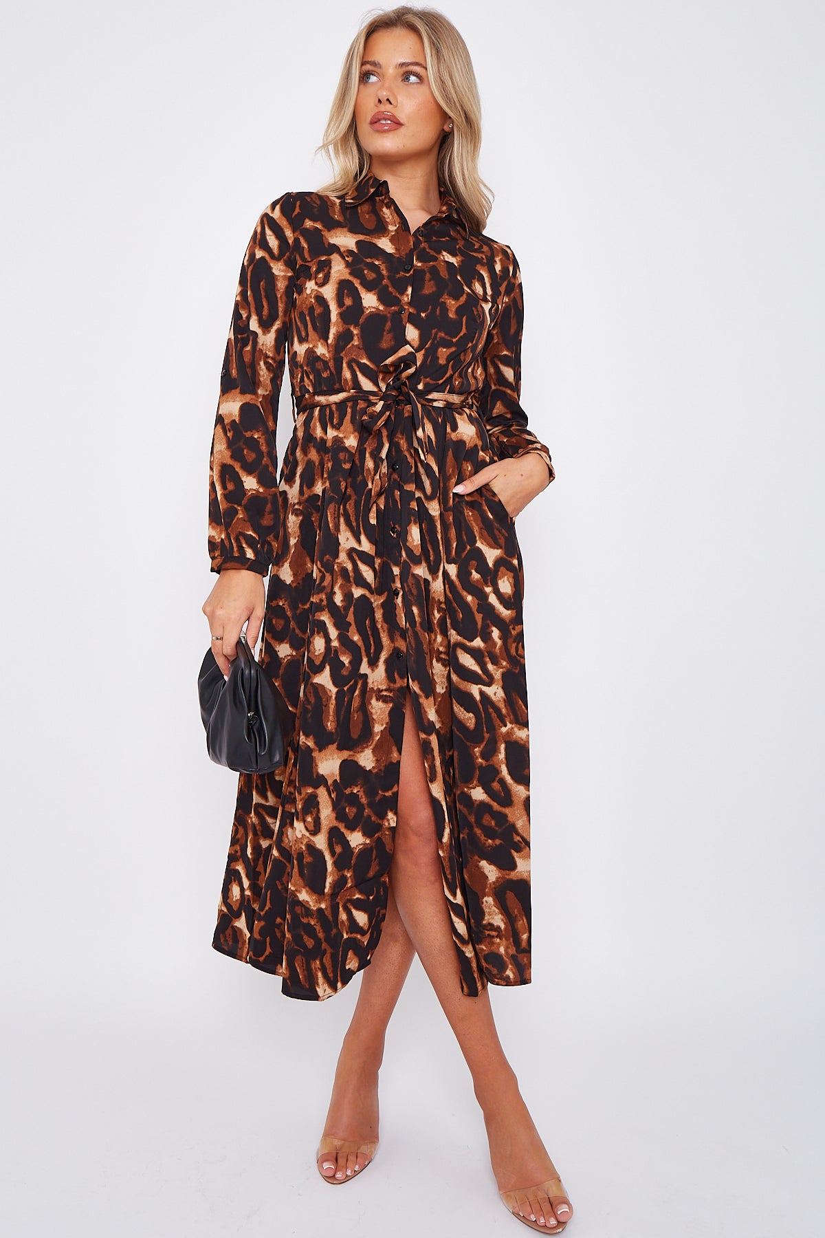 Dark Brown Leopard Print Midaxi Shirt Dress