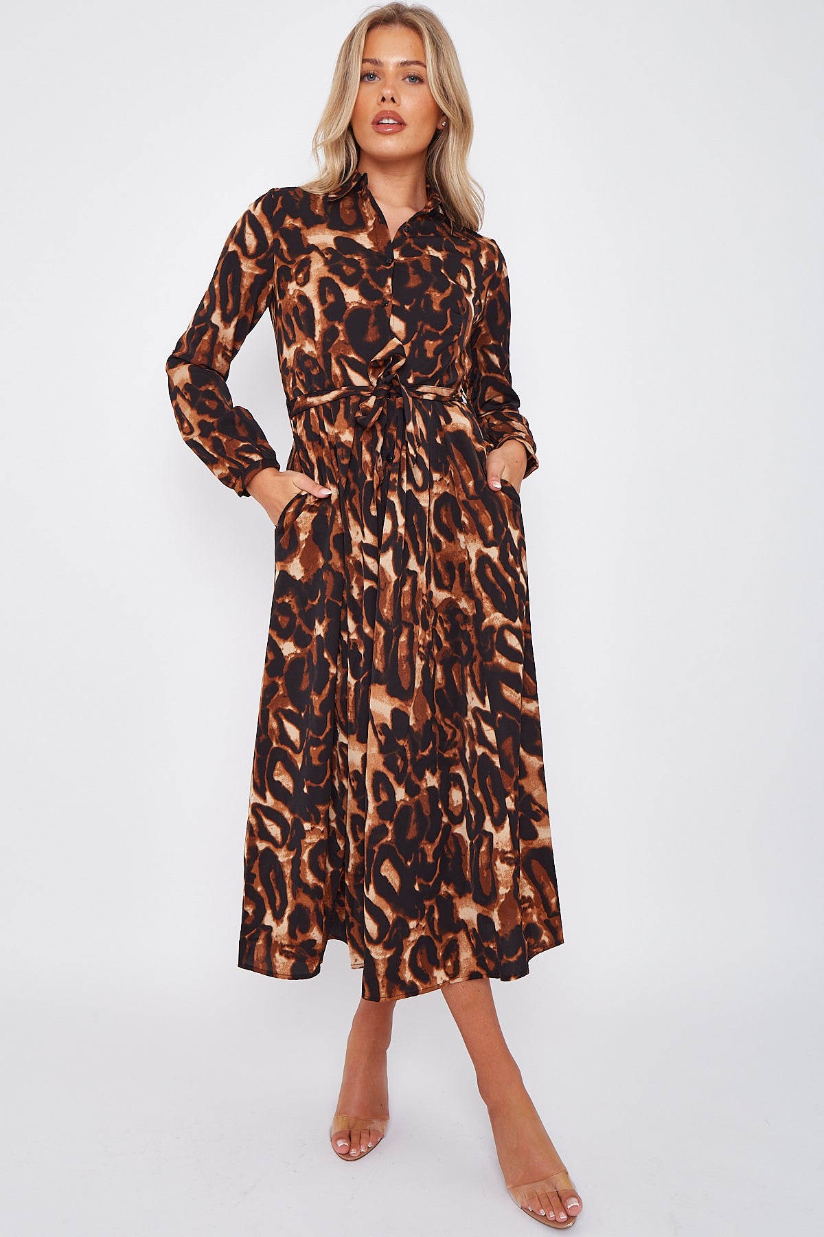 Dark Brown Leopard Print Midaxi Shirt Dress