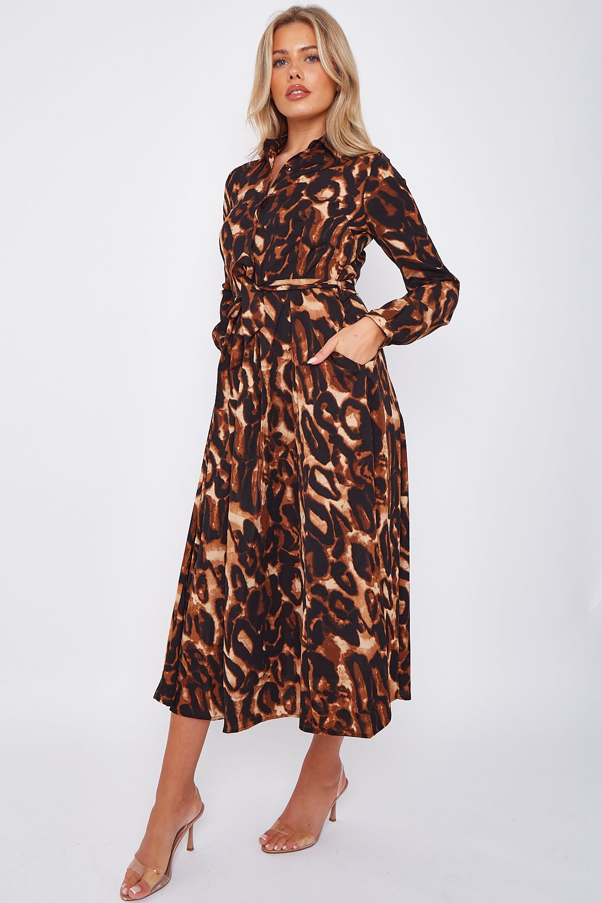 Dark Brown Leopard Print Midaxi Shirt Dress