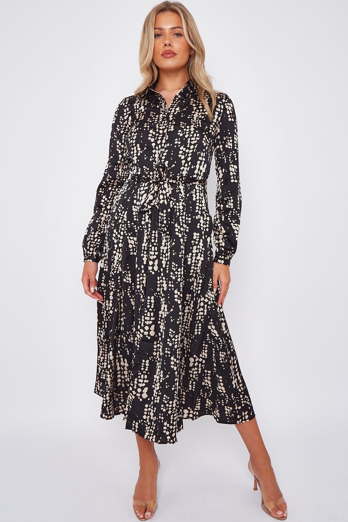 Black Dotted Print Satin Midaxi Shirt Dress