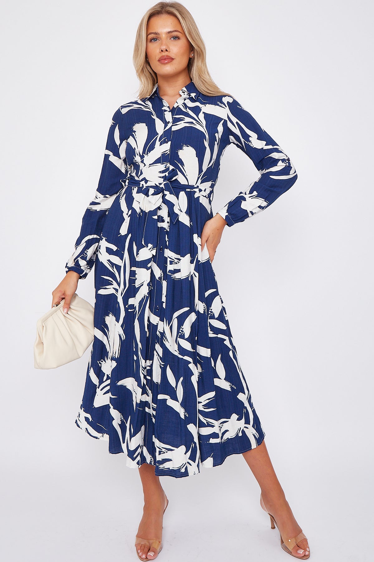 White Abstract Floral Print Navy Midaxi Shirt Dress