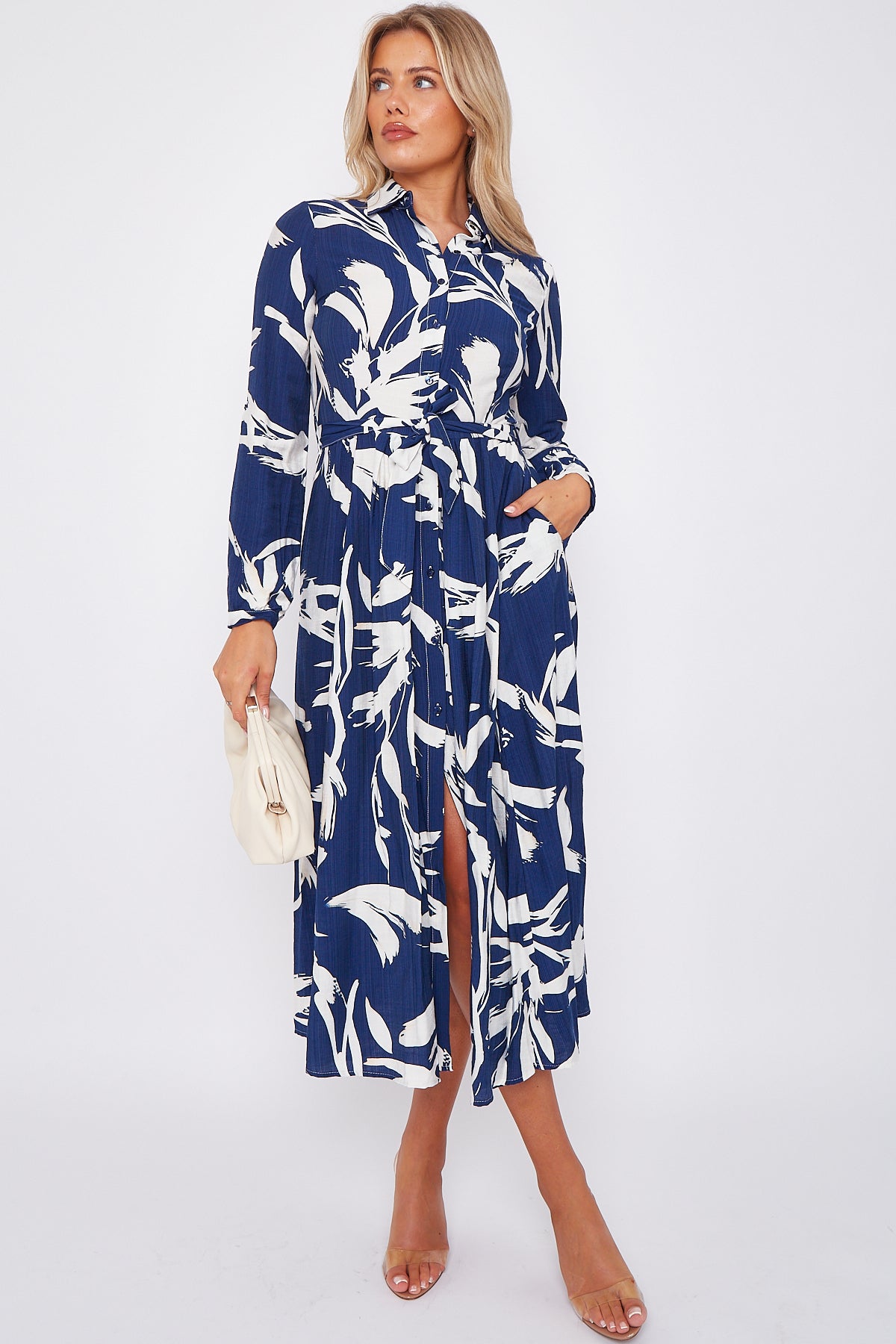 White Abstract Floral Print Navy Midaxi Shirt Dress