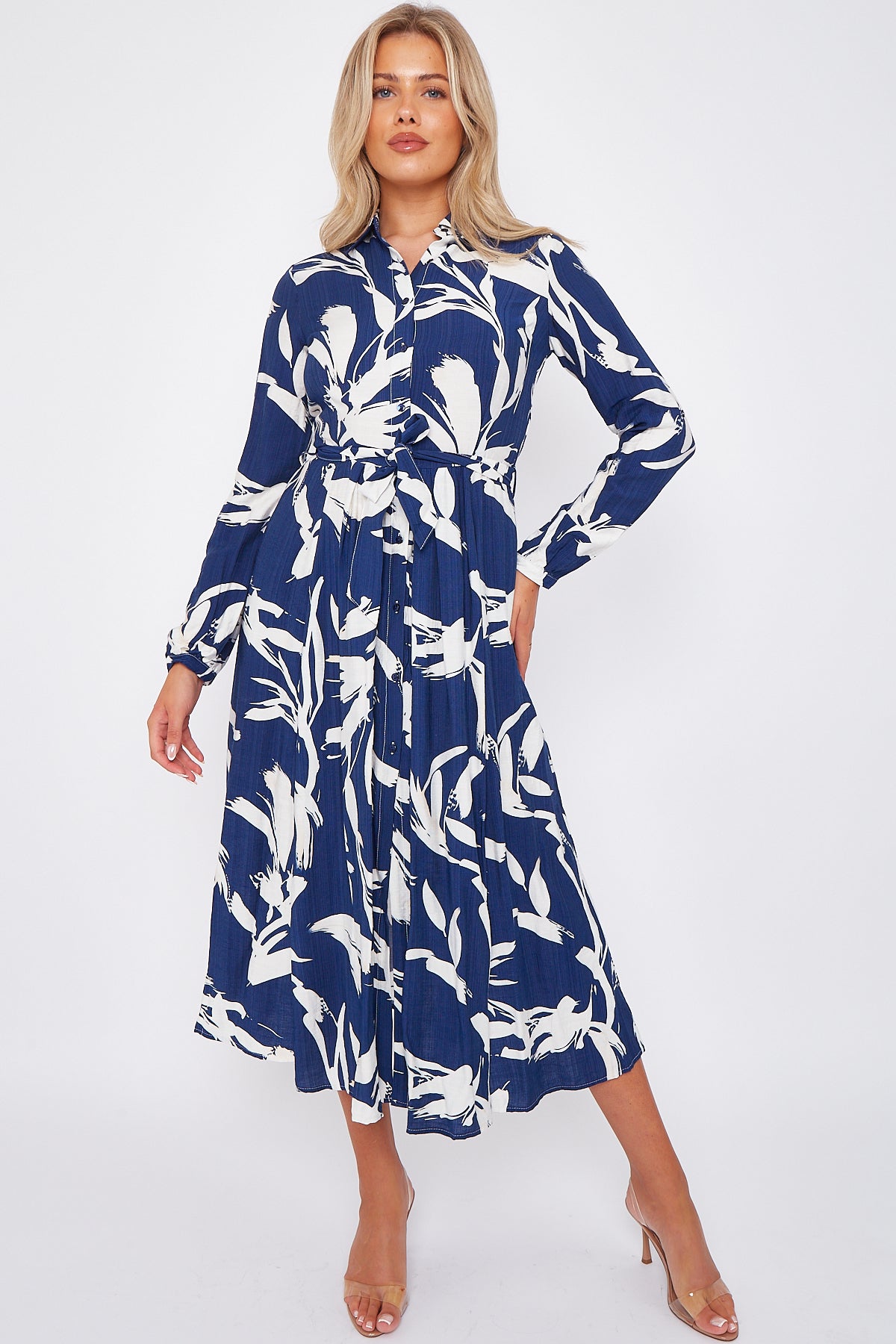 White Abstract Floral Print Navy Midaxi Shirt Dress