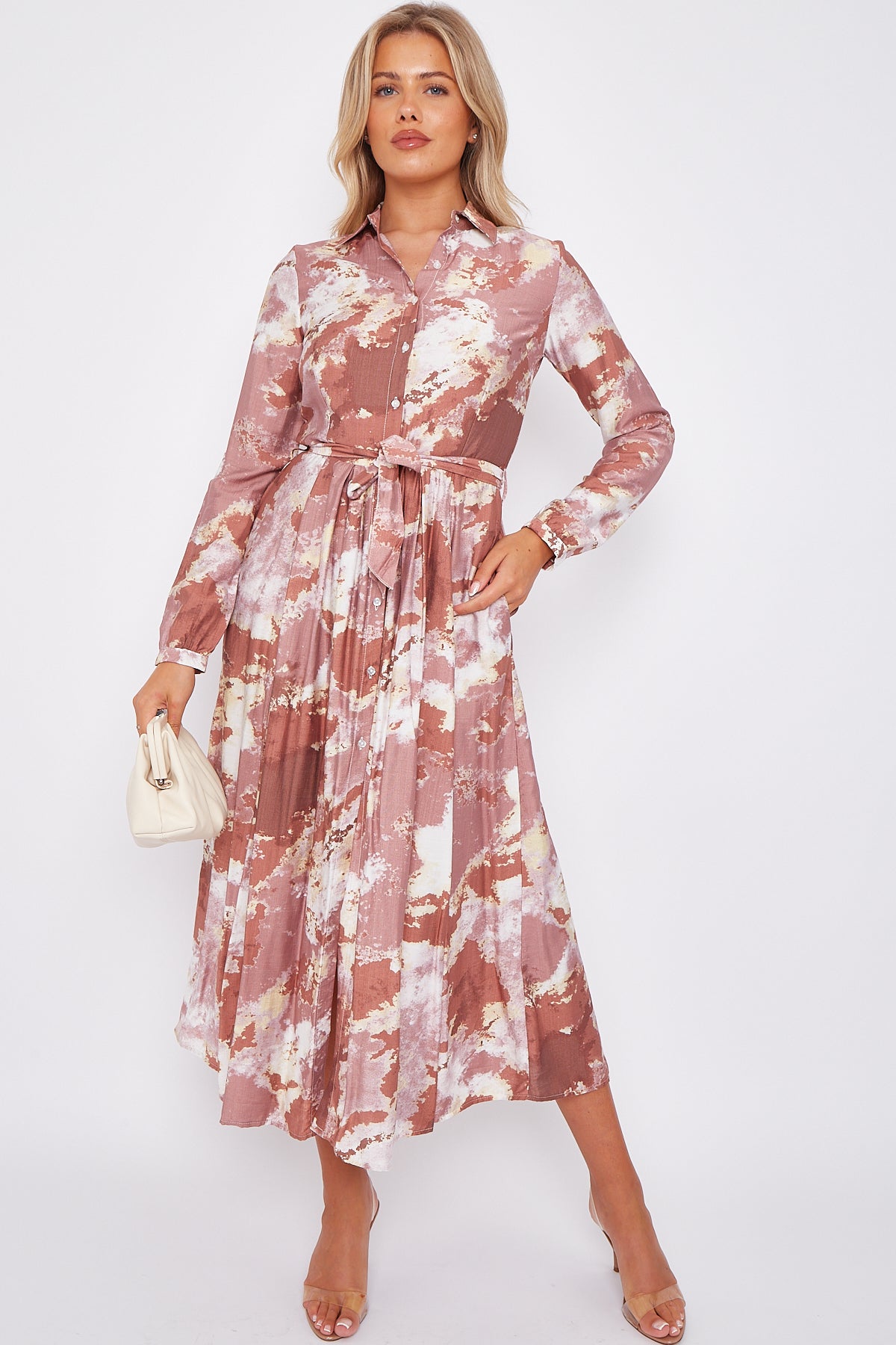 Dusky Pink Abstract Brushstroke Print Midaxi Shirt Dress