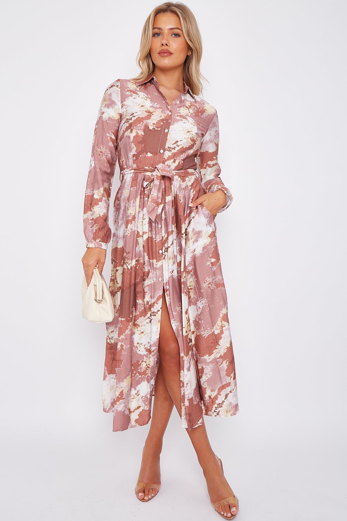 Dusky Pink Abstract Brushstroke Print Midaxi Shirt Dress