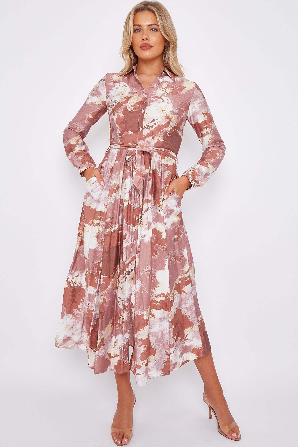 Dusky Pink Abstract Brushstroke Print Midaxi Shirt Dress