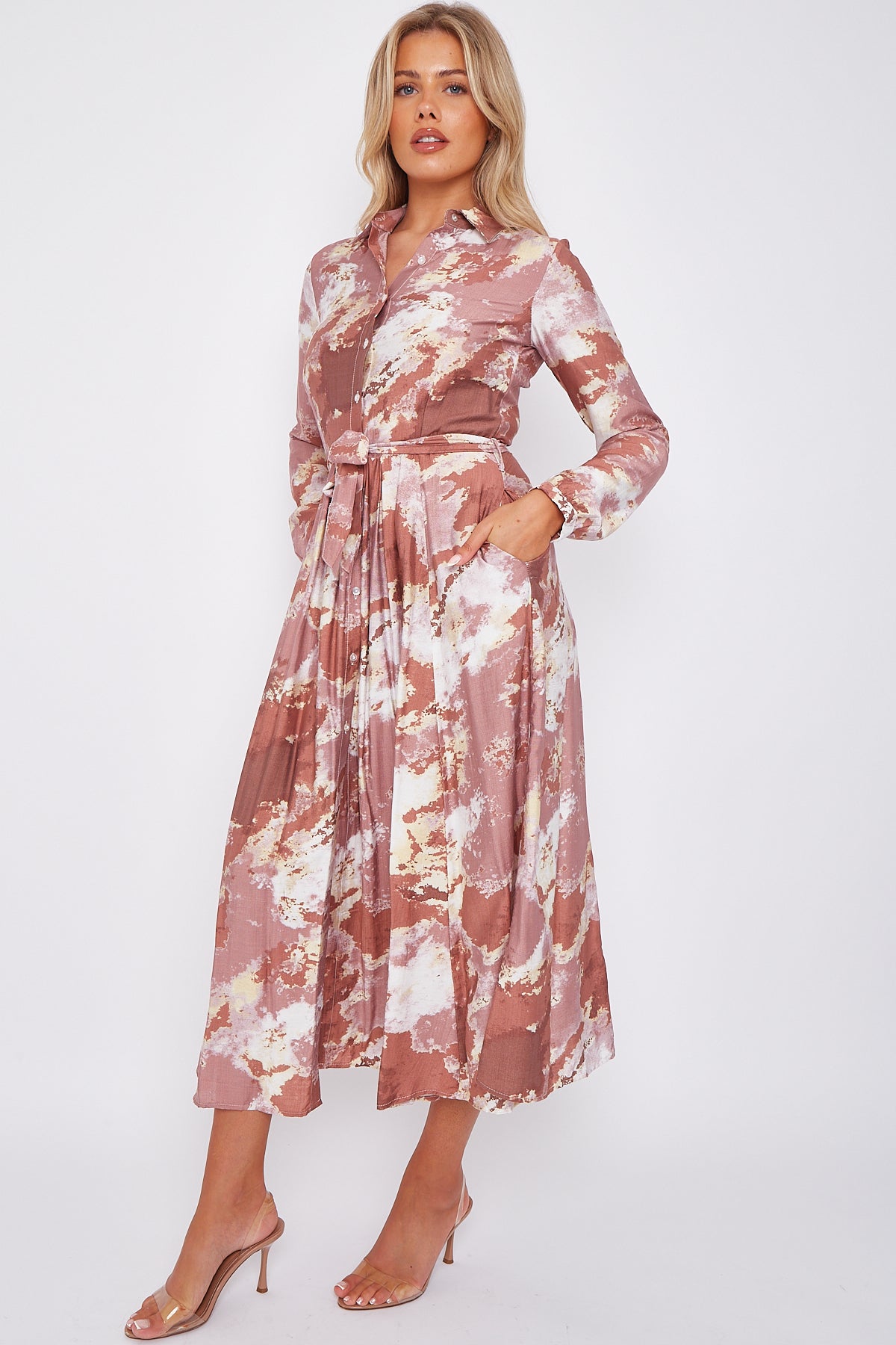 Dusky Pink Abstract Brushstroke Print Midaxi Shirt Dress