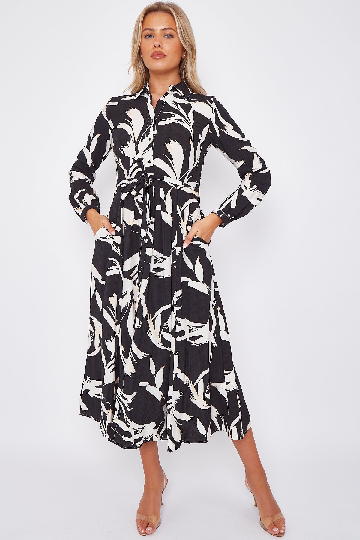 White Abstract Floral Print Black Midaxi Shirt Dress