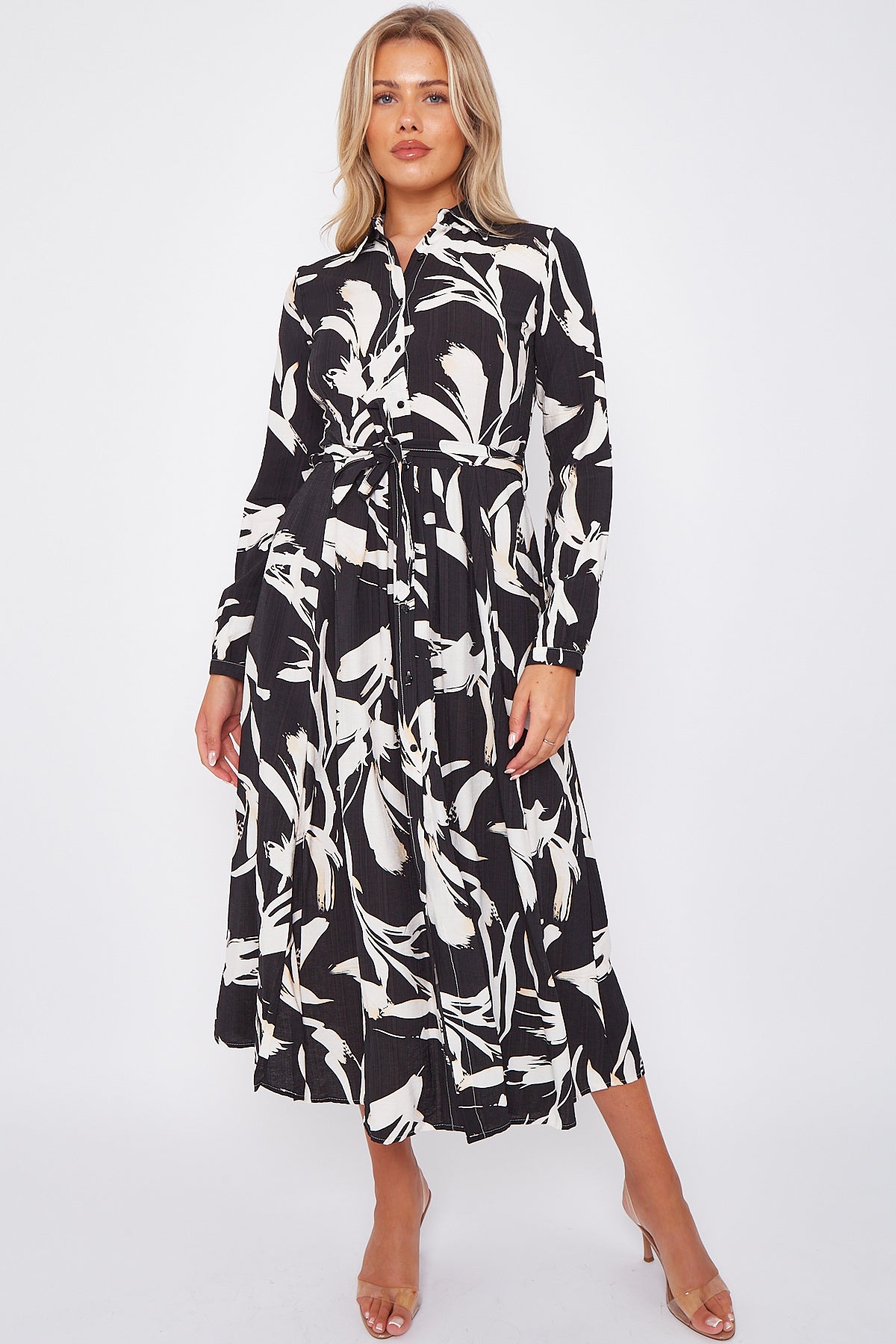 White Abstract Floral Print Black Midaxi Shirt Dress