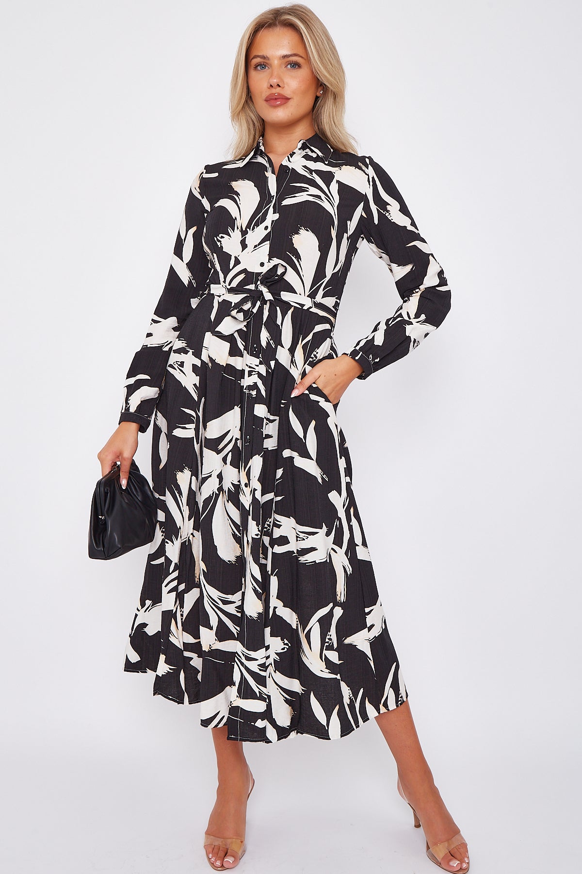 White Abstract Floral Print Black Midaxi Shirt Dress