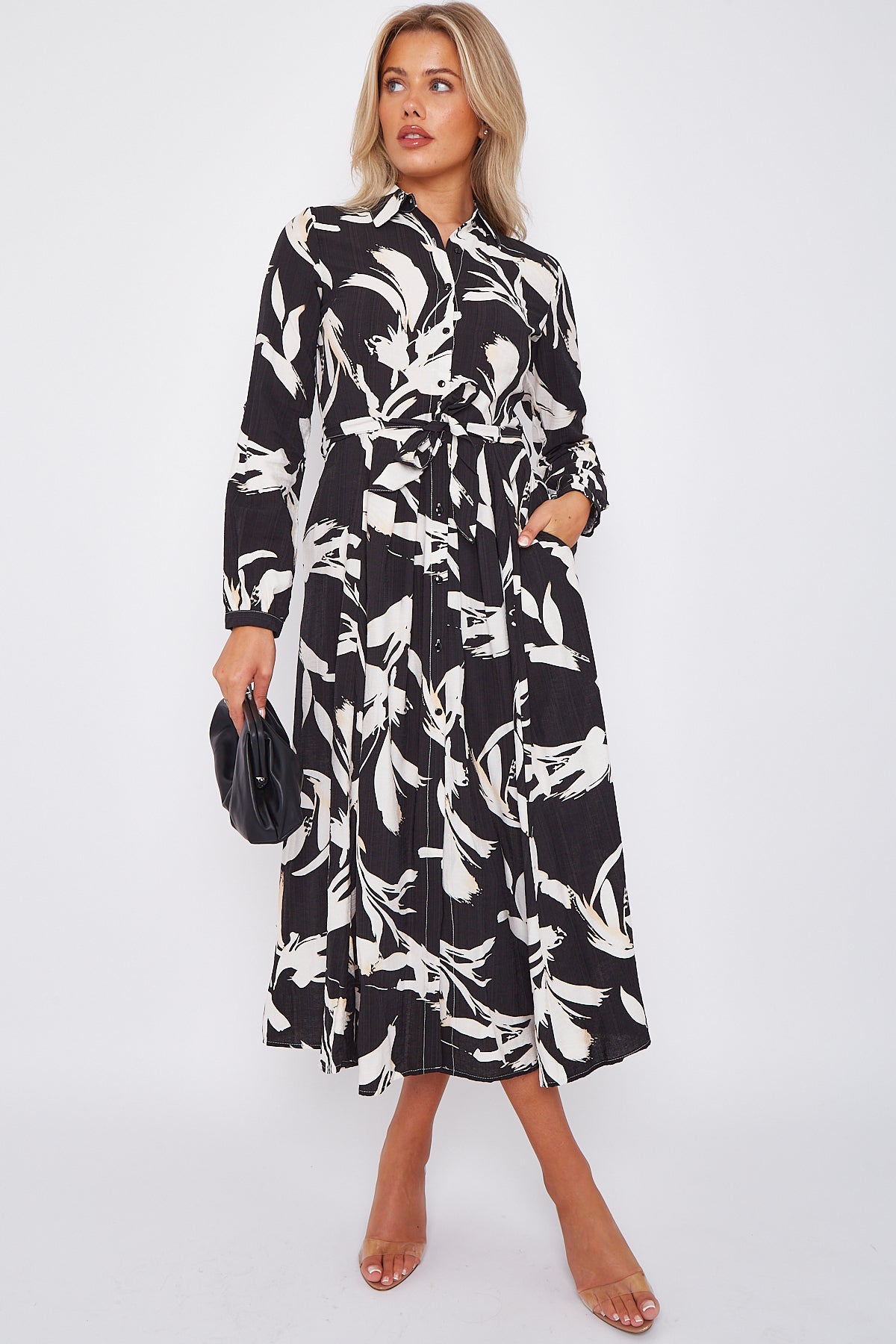 White Abstract Floral Print Black Midaxi Shirt Dress