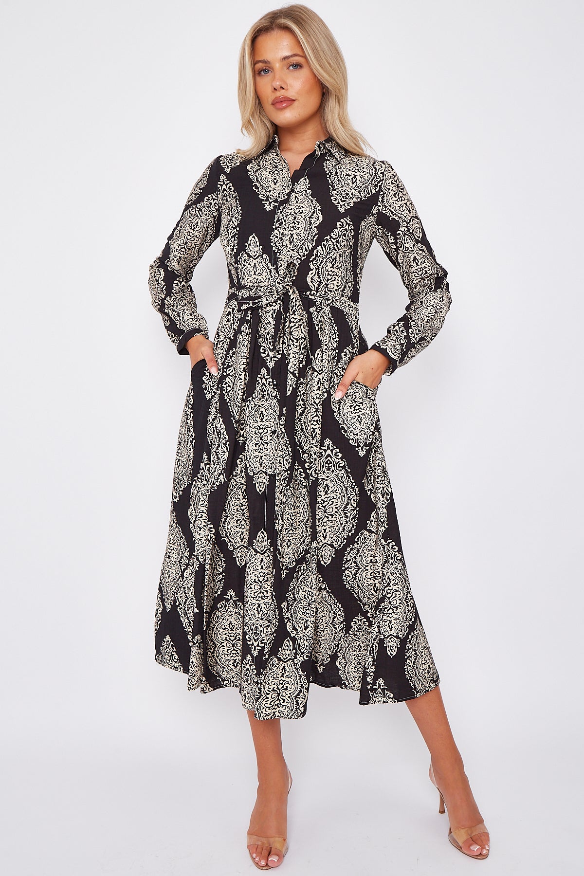 Black Medallion Print Linen Textured Midaxi Shirt Dress