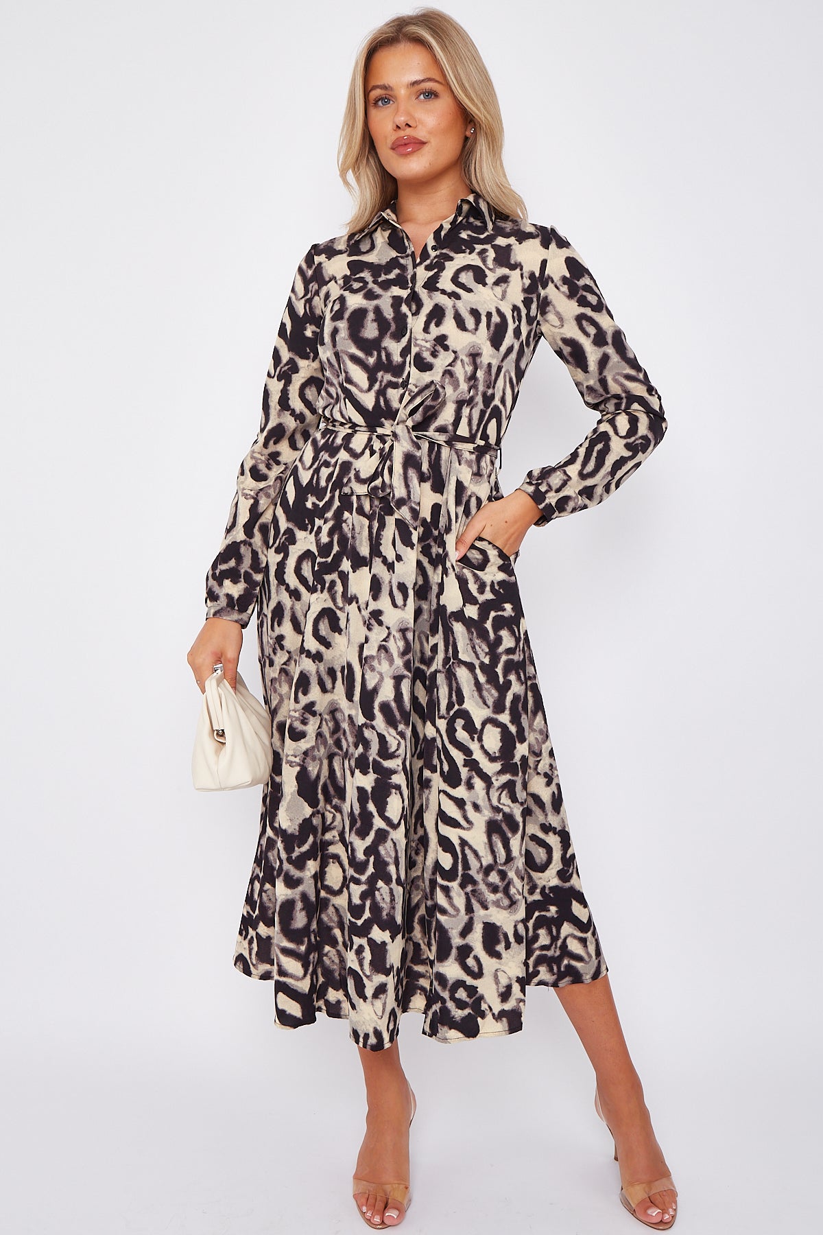 Grey Leopard Print Midaxi Shirt Dress