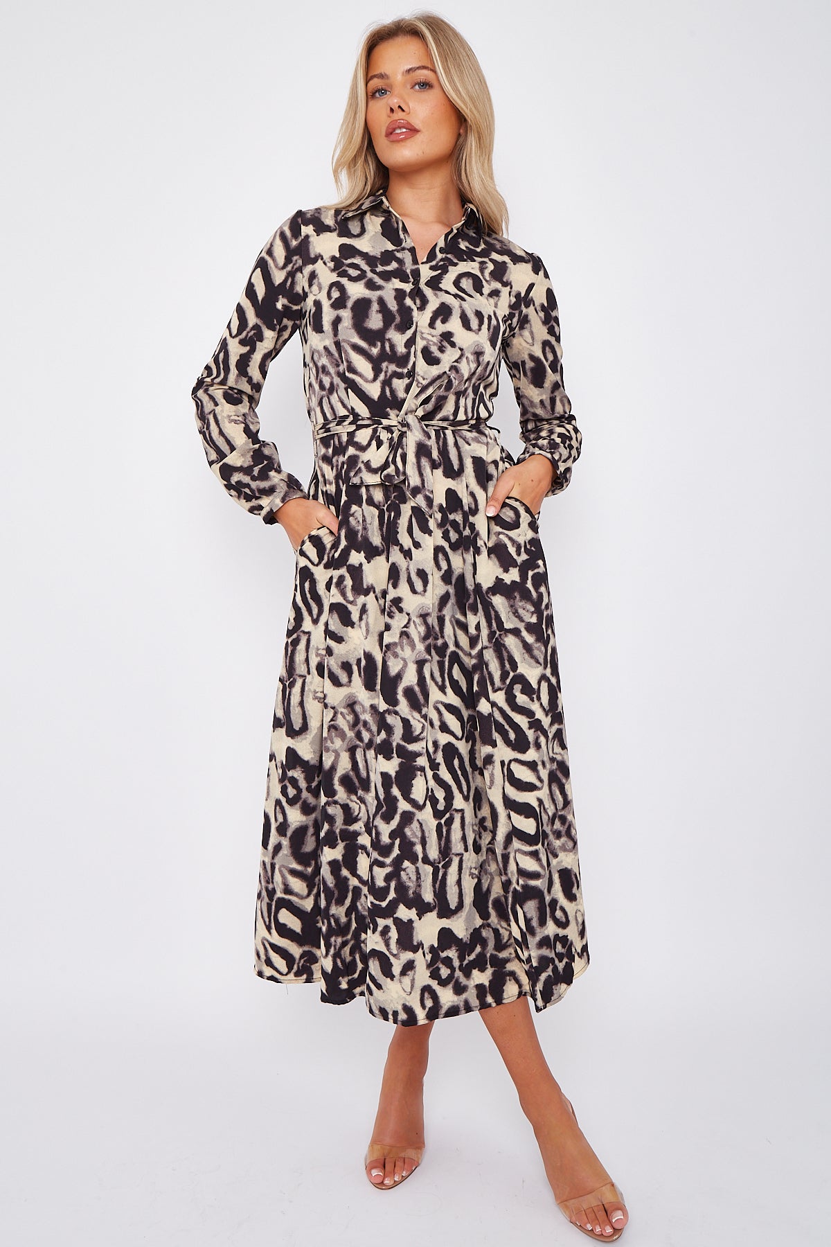 Grey Leopard Print Midaxi Shirt Dress