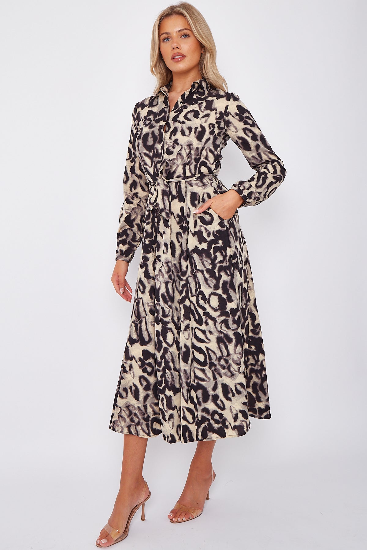 Grey Leopard Print Midaxi Shirt Dress