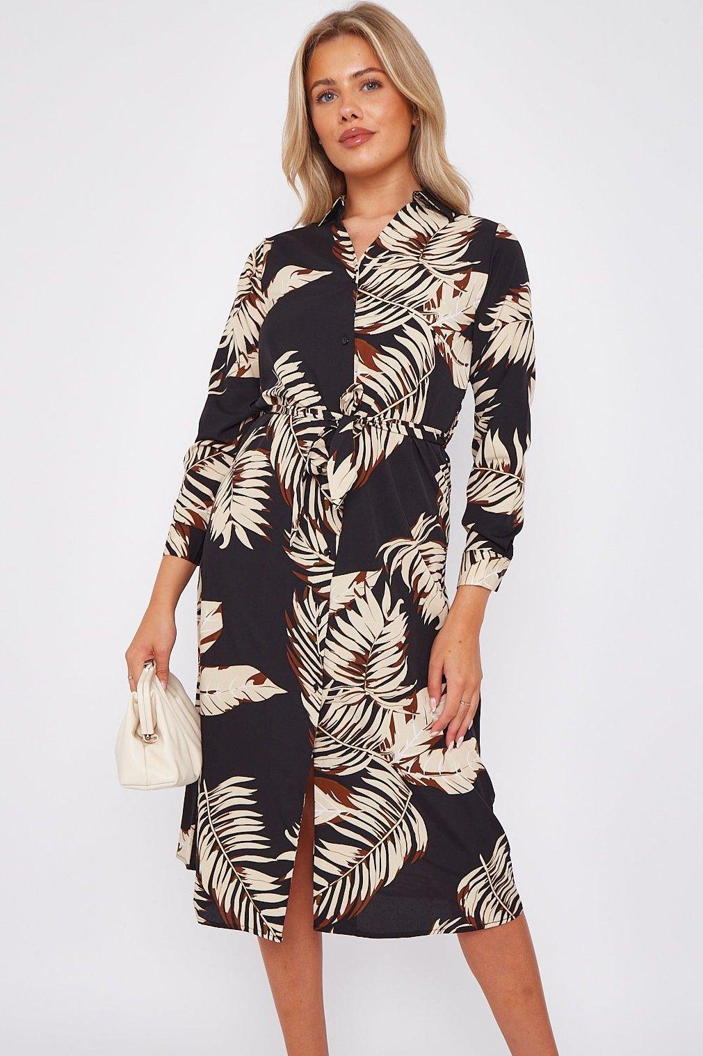 Black Palm Leaf Print A Line Midi Dress