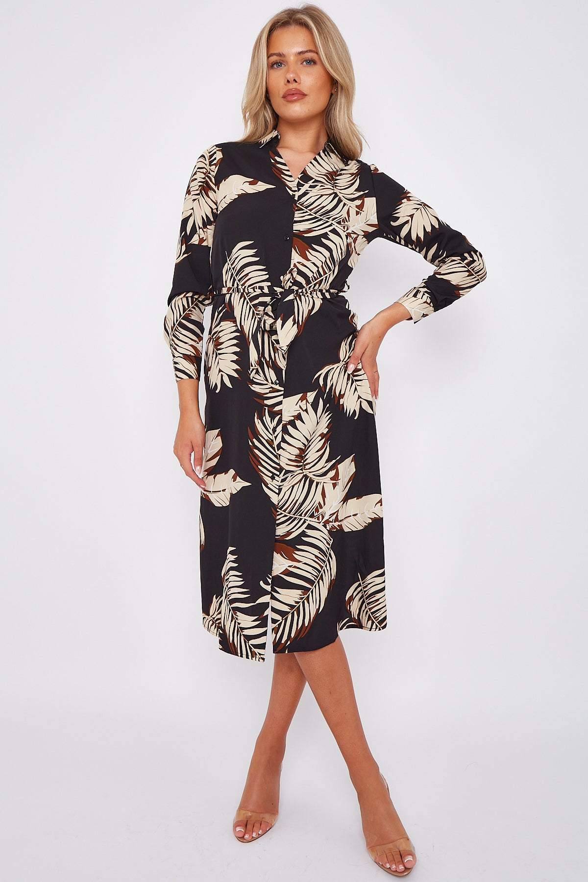 Black Palm Leaf Print A Line Midi Dress