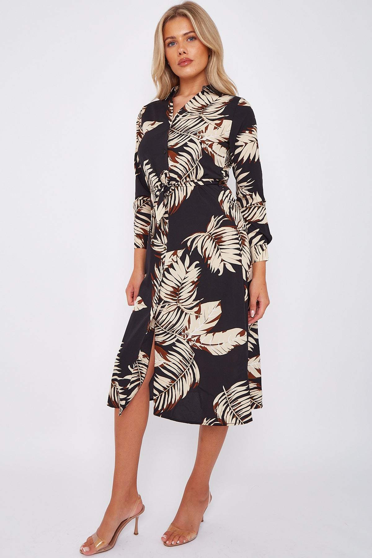 Black Palm Leaf Print A Line Midi Dress