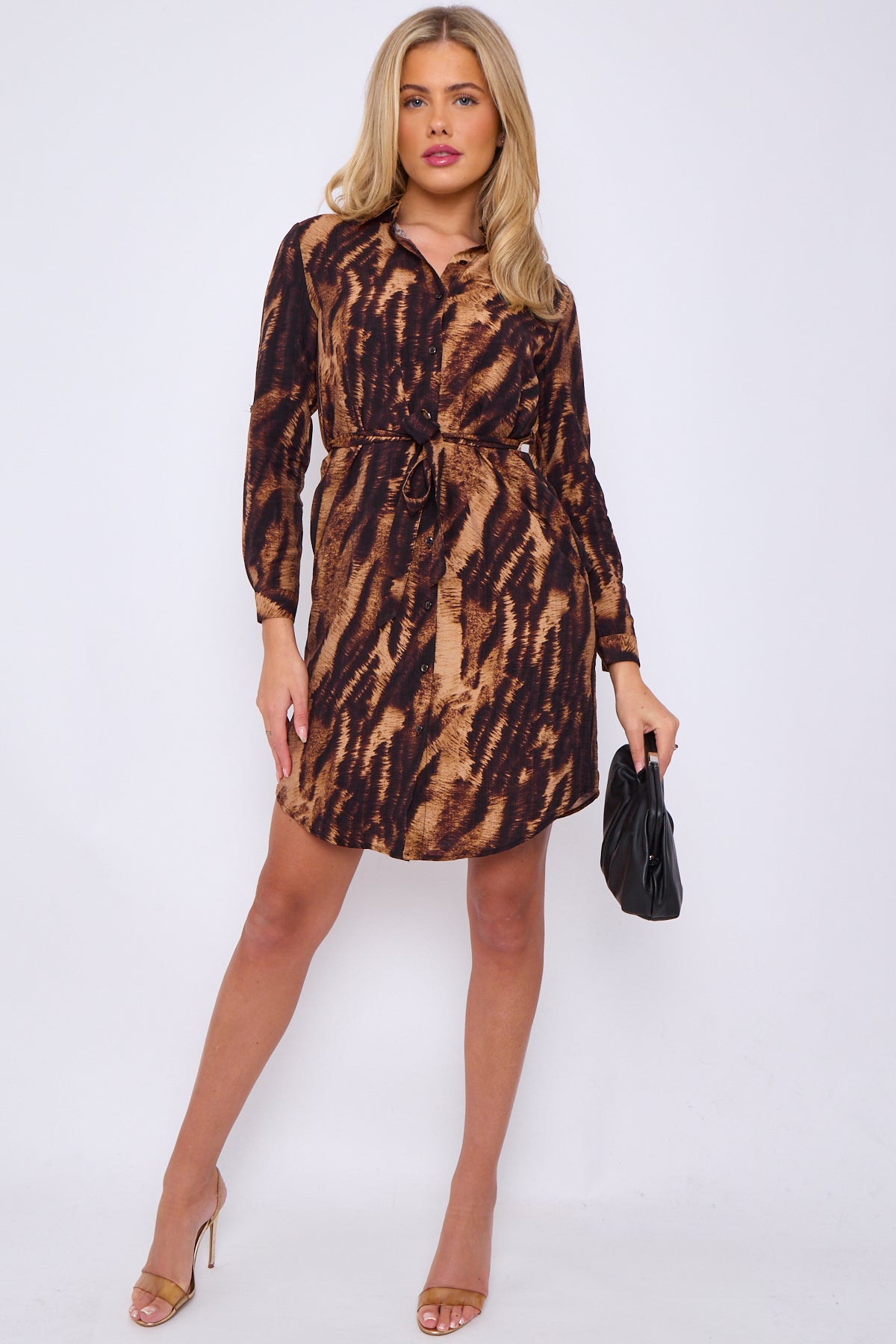 Brown Tiger Print Mini Shirt Dress