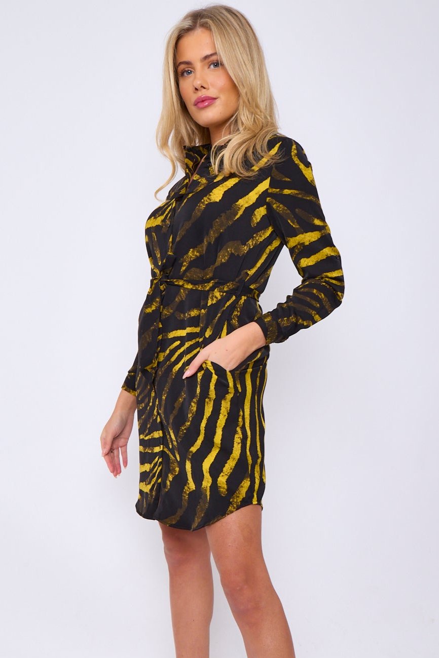 Black and Mustard Tiger Print Mini Shirt Dress