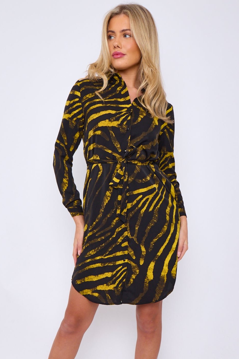 Black and Mustard Tiger Print Mini Shirt Dress