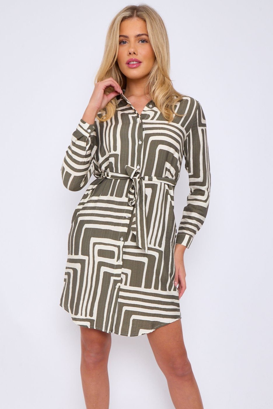 Grey Geometric Maze Print Mini Shirt Dress