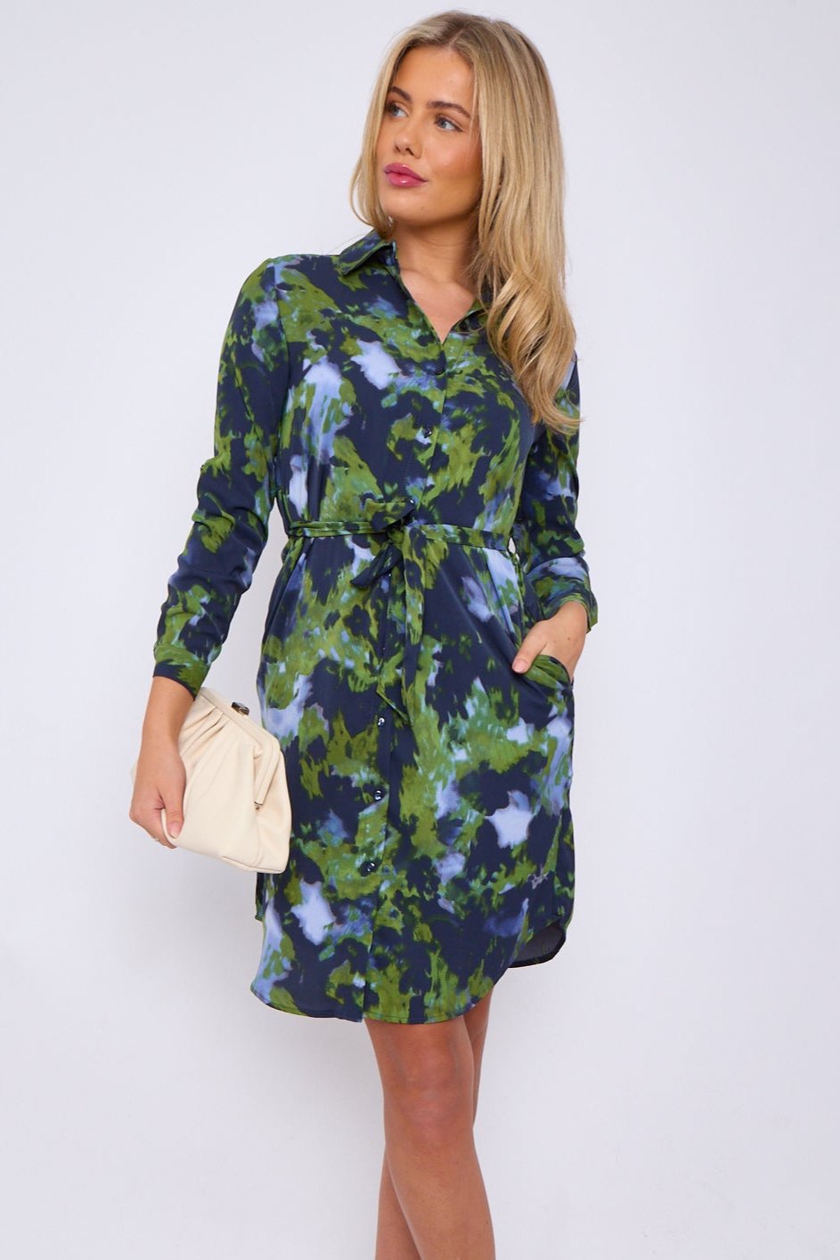 Green and Navy Abstract Print Mini Shirt Dress