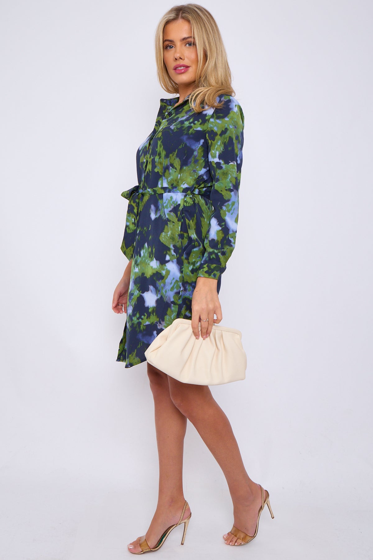 Green and Navy Abstract Print Mini Shirt Dress