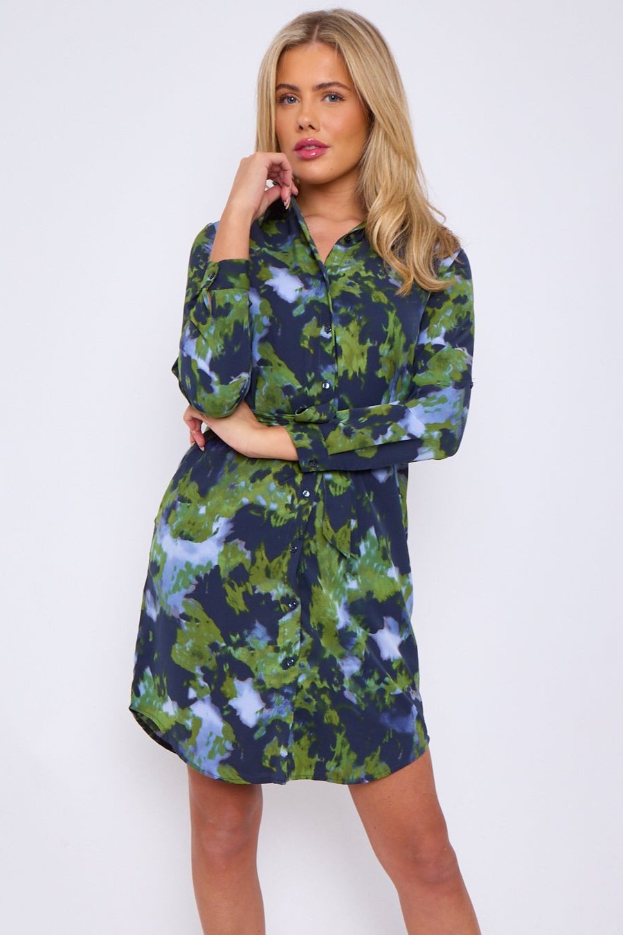 Green and Navy Abstract Print Mini Shirt Dress