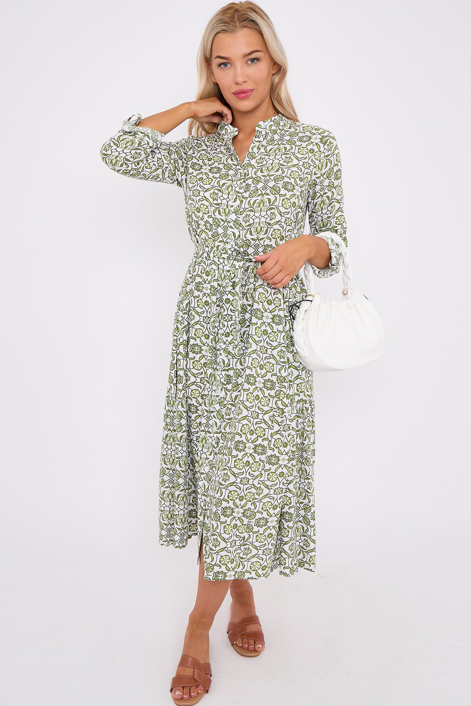 Olive Pattern Print Long Sleeve Midi Dress