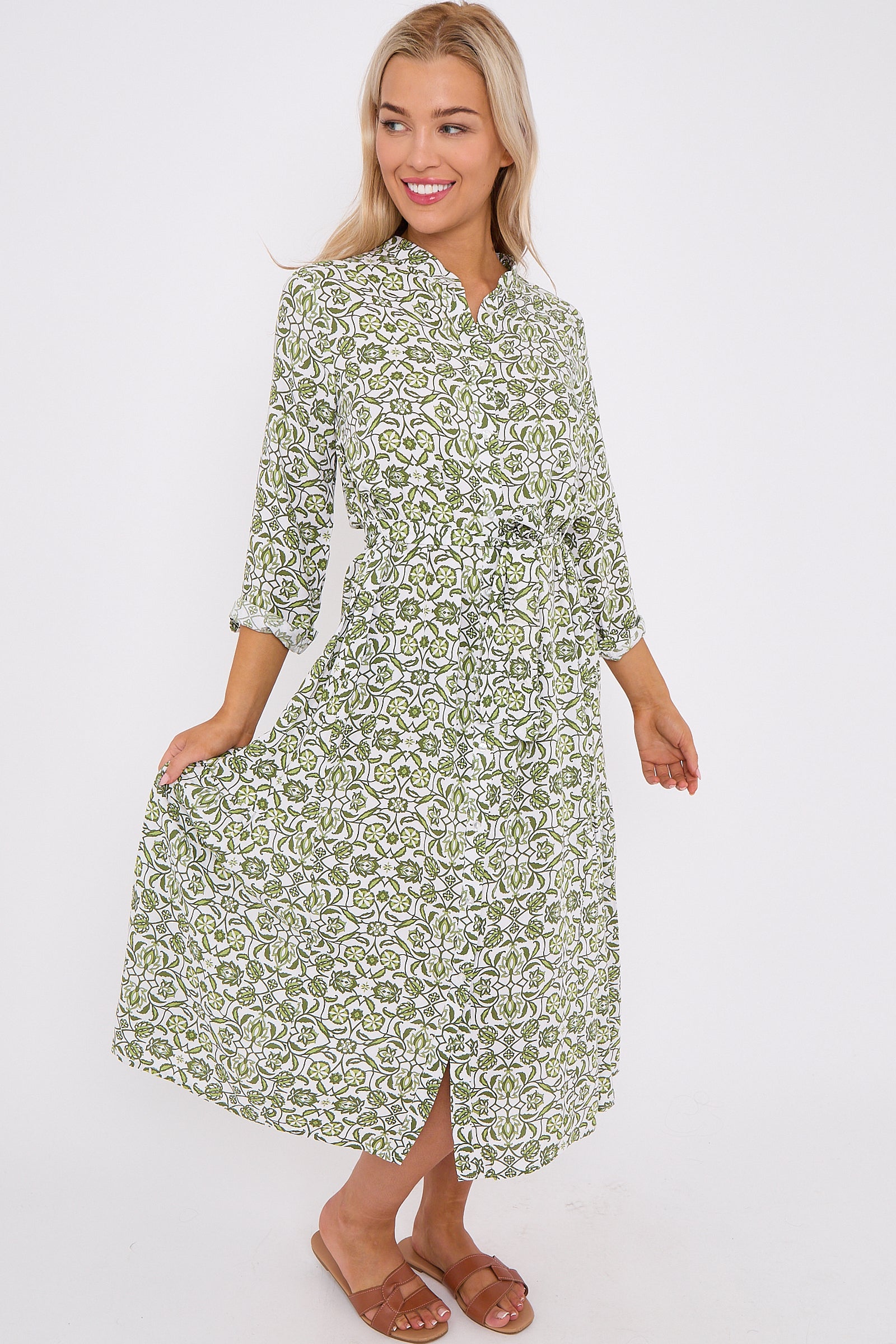 Olive Pattern Print Long Sleeve Midi Dress