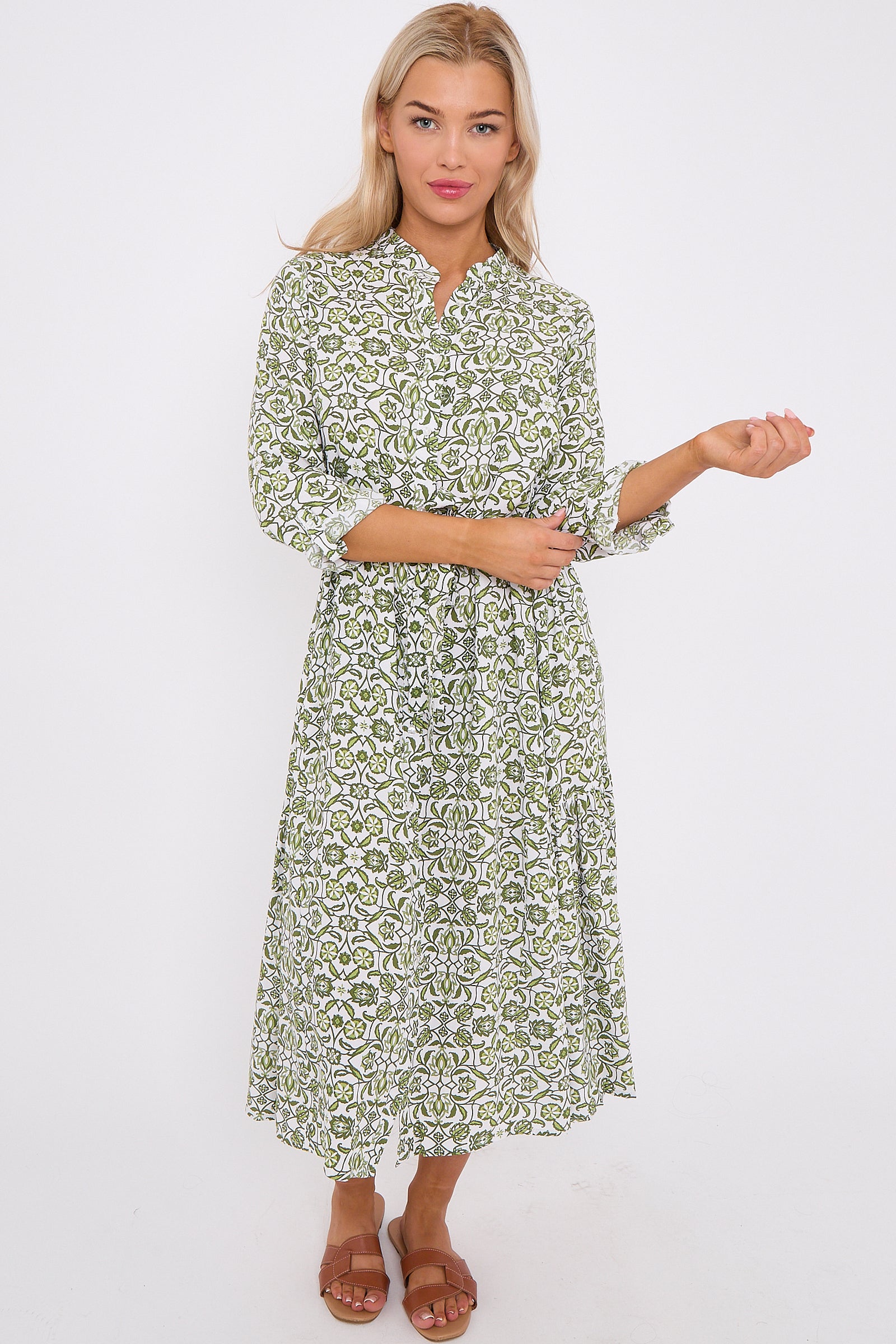 Olive Pattern Print Long Sleeve Midi Dress