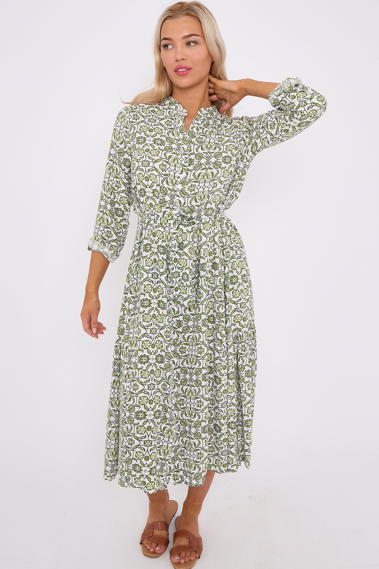 Olive Pattern Print Long Sleeve Midi Dress