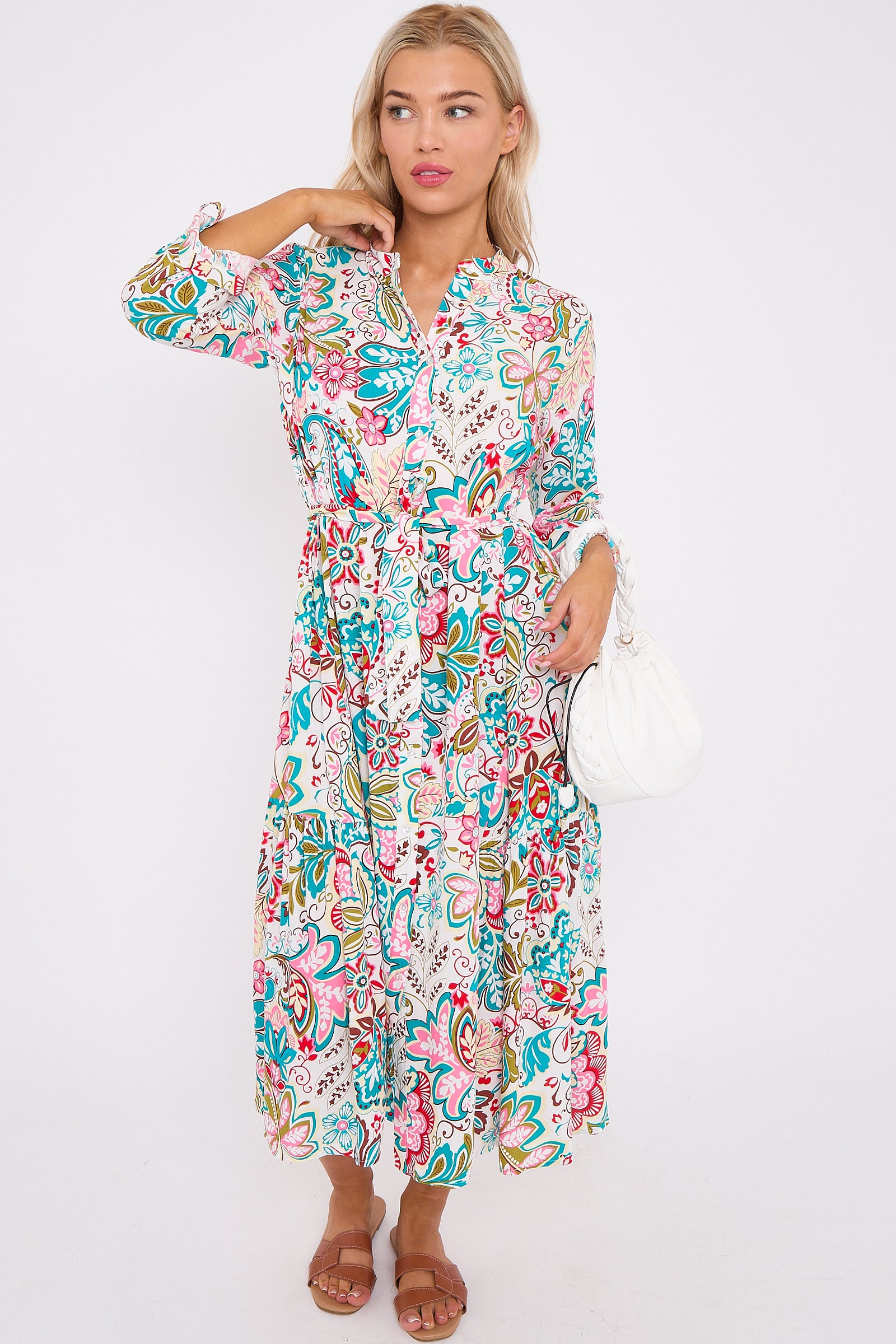 White Multi Floral Print Long Sleeve Midi Dress