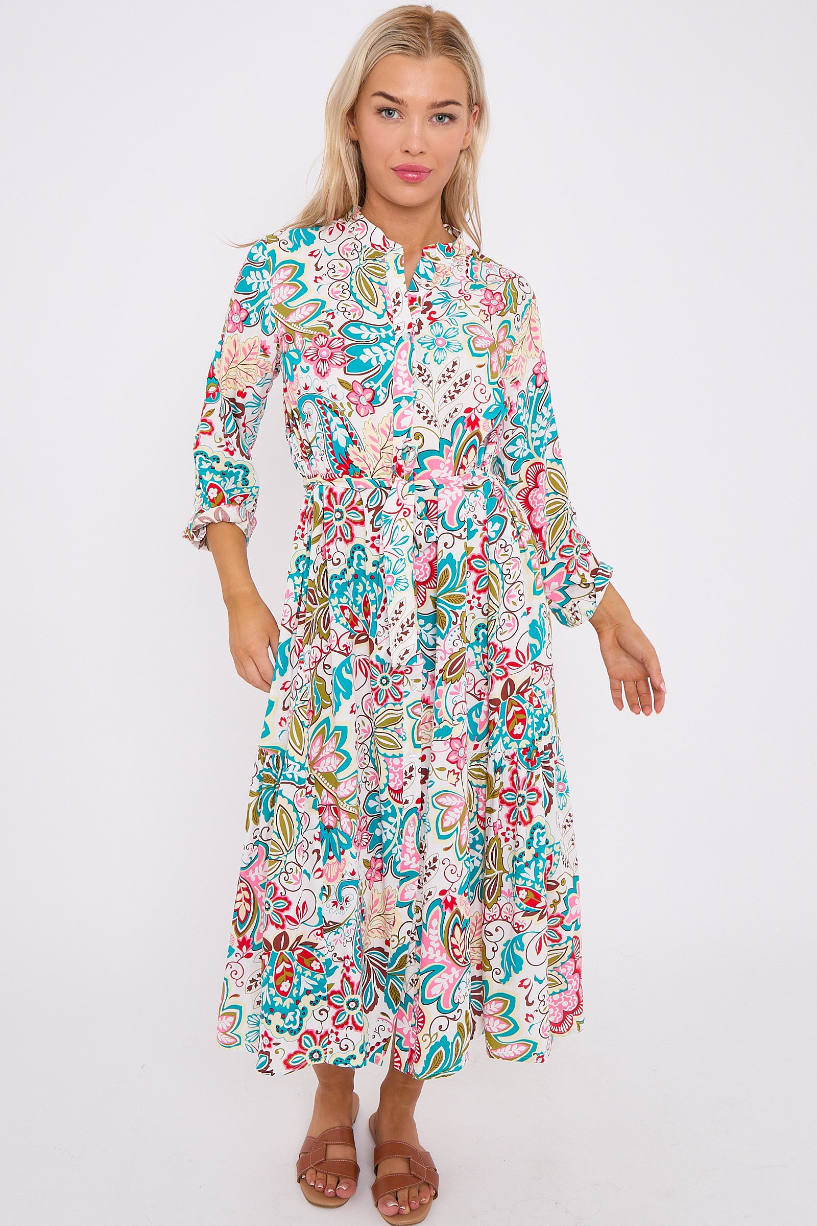 White Multi Floral Print Long Sleeve Midi Dress