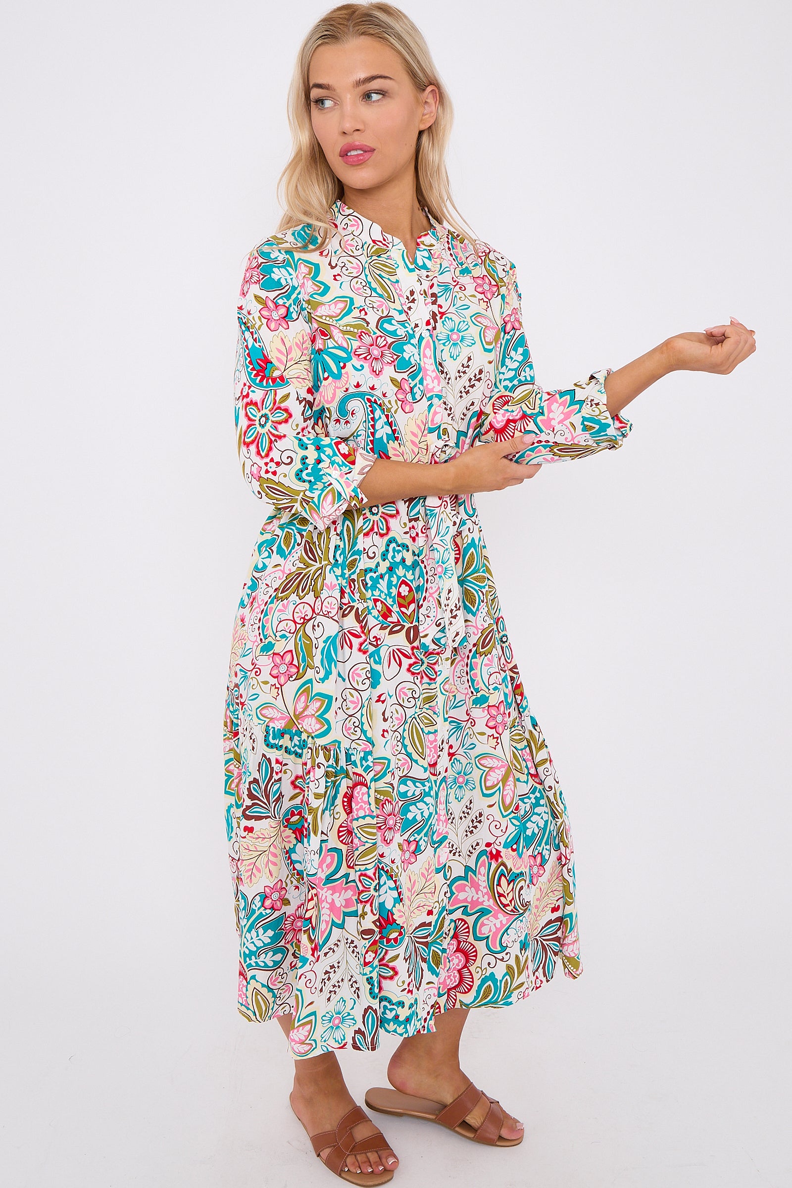 White Multi Floral Print Long Sleeve Midi Dress