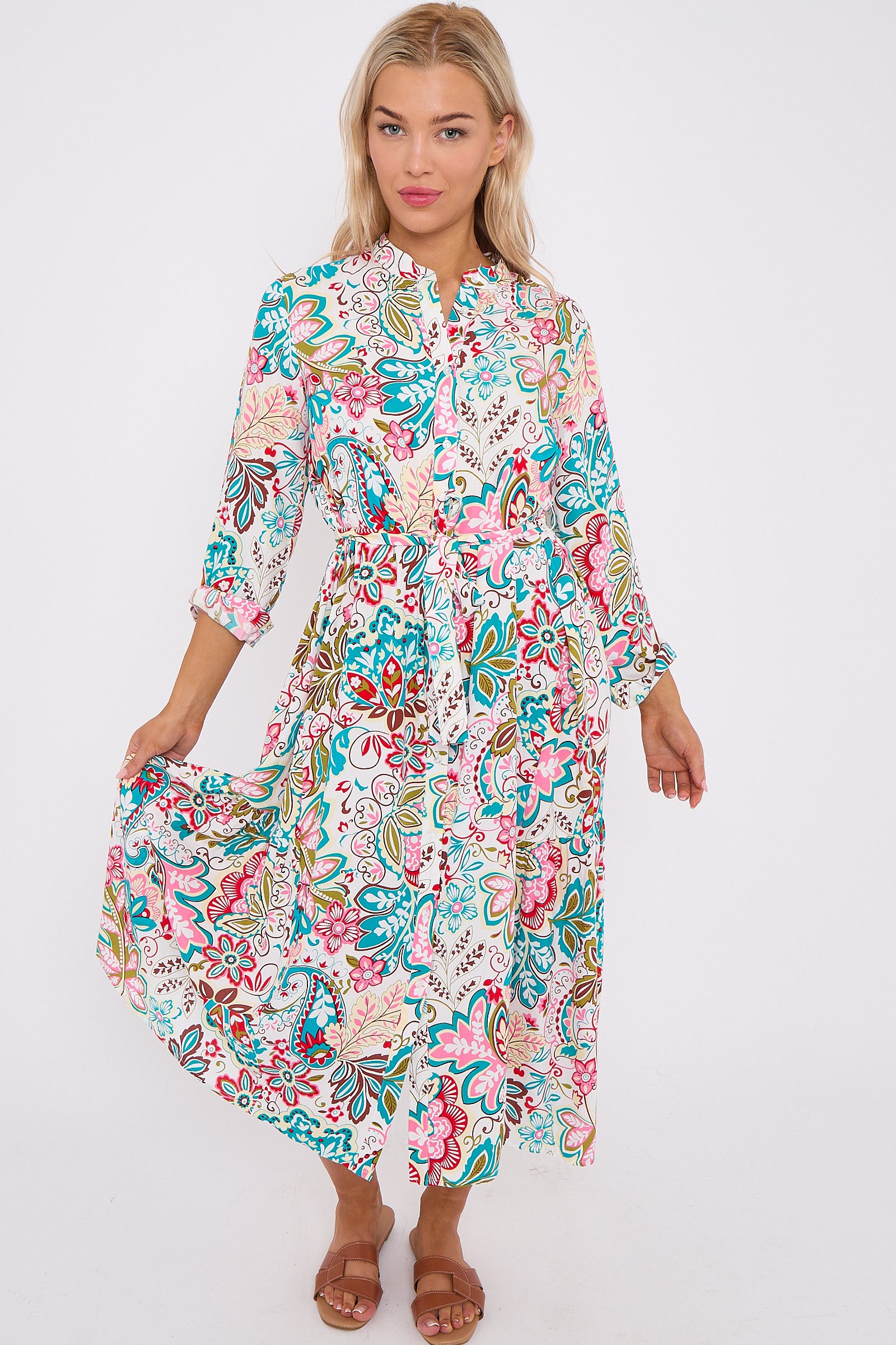 White Multi Floral Print Long Sleeve Midi Dress