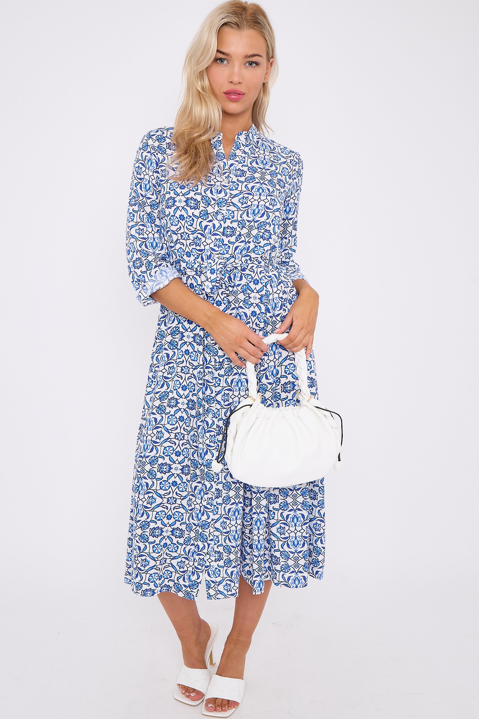 Blue Pattern Print Long Sleeve Midi Dress