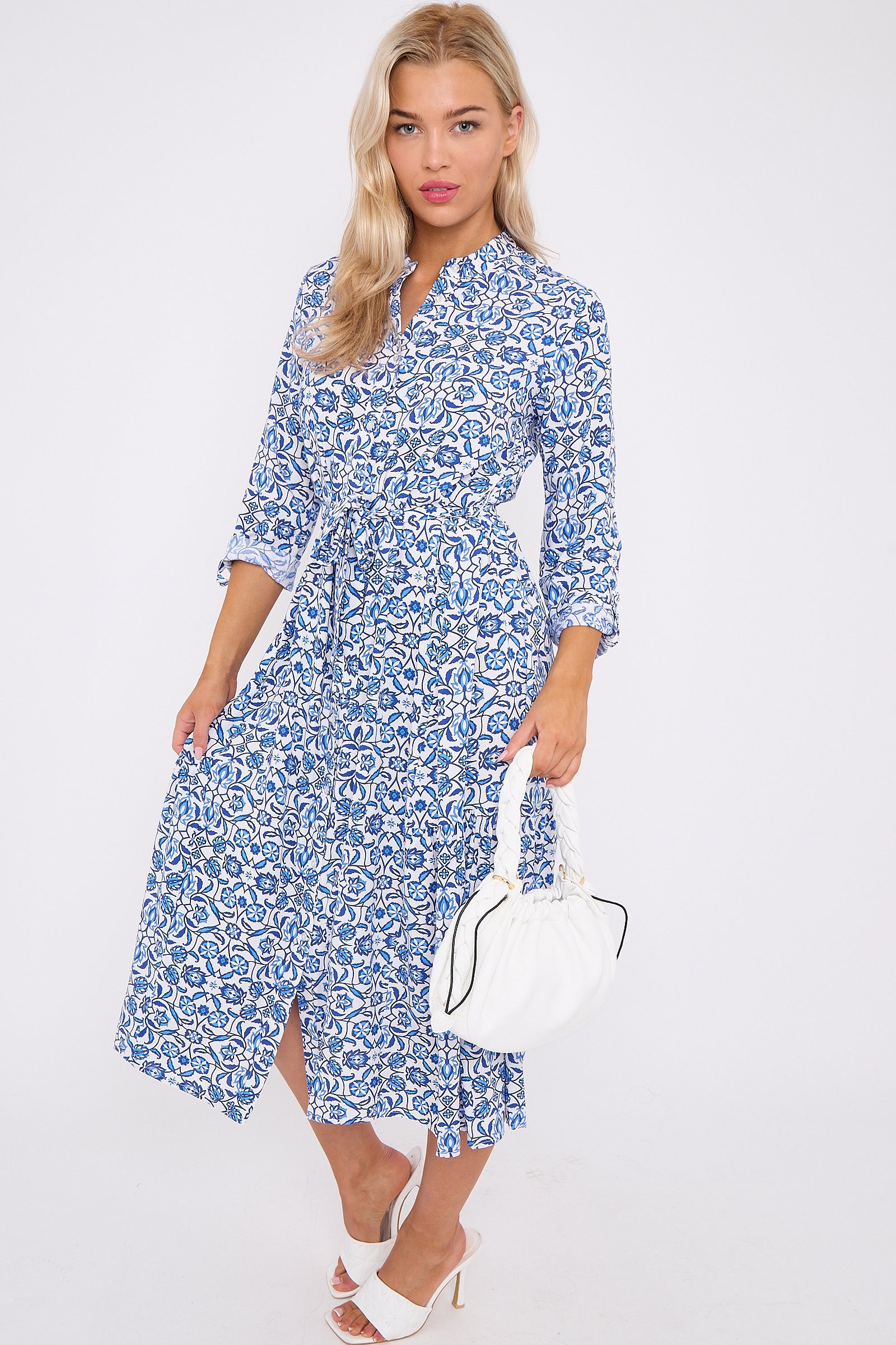 Blue Pattern Print Long Sleeve Midi Dress