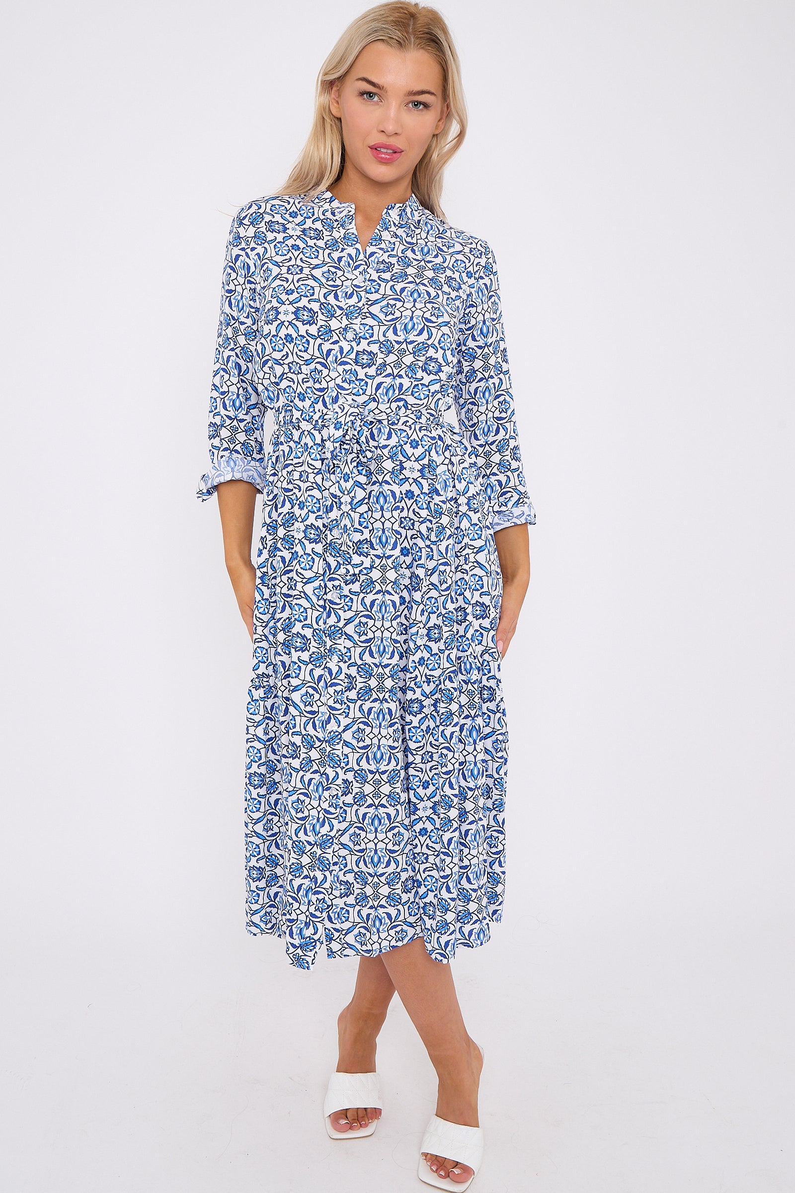 Blue Pattern Print Long Sleeve Midi Dress