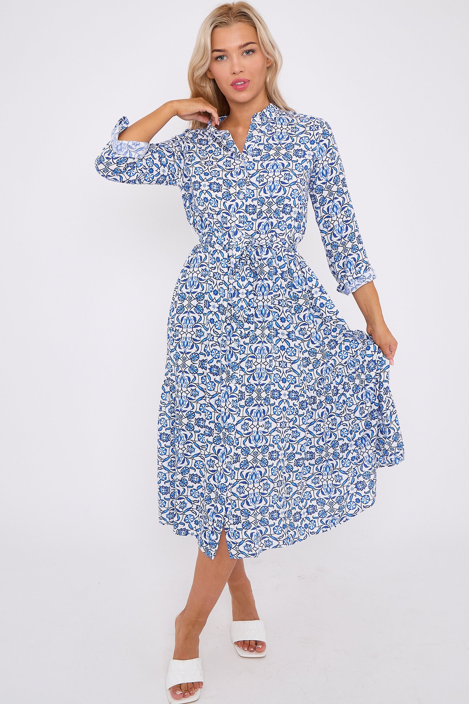 Blue Pattern Print Long Sleeve Midi Dress