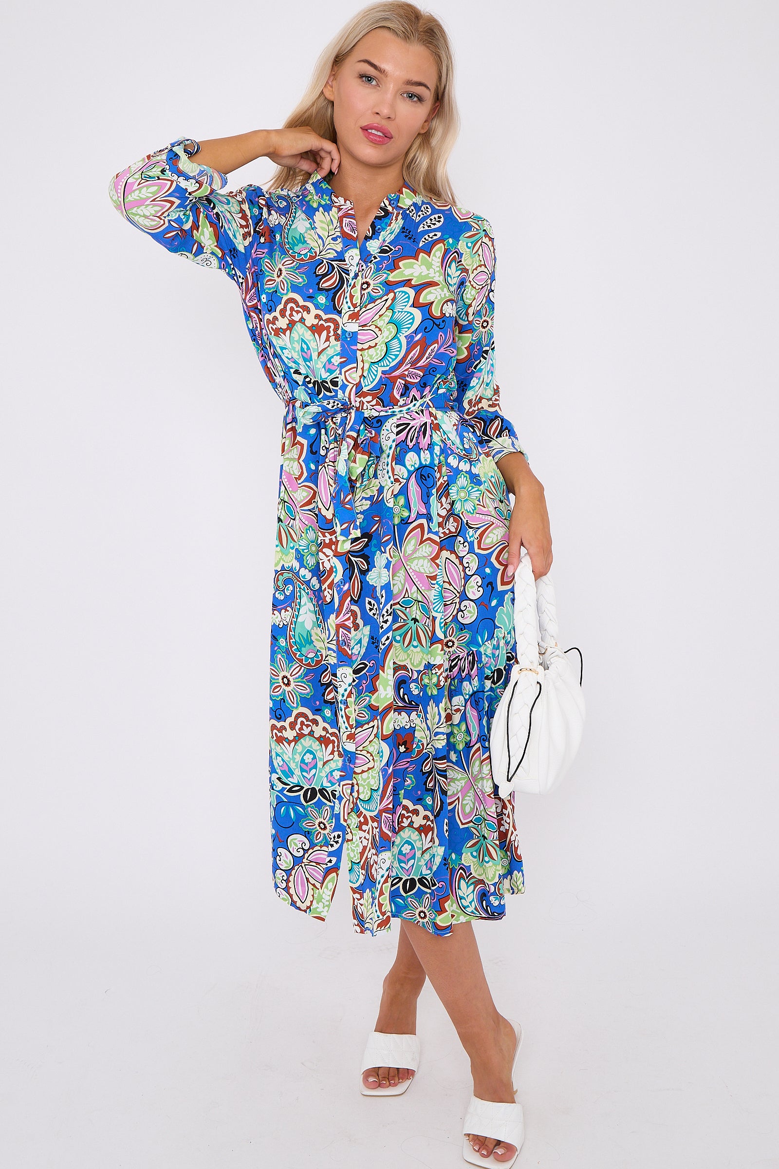 Blue Multi Floral Print Long Sleeve Midi Dress